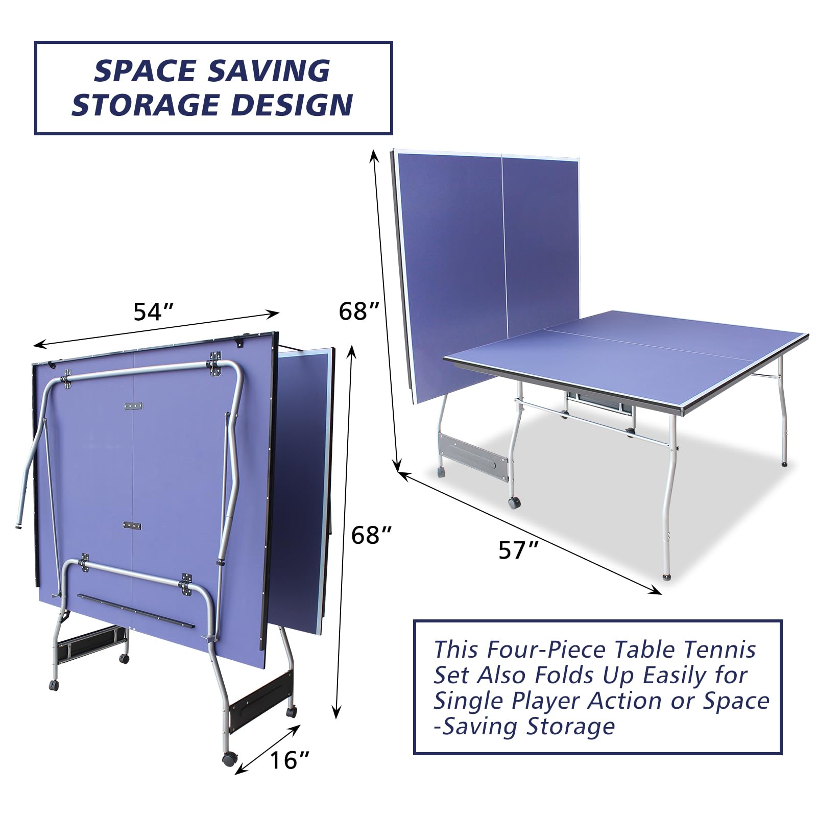 Rakon Blue 8×4 FT Foldable Ping Pong Table with Wheels - Indoor & Outdoor Use, Includes 2 Rackets, 3 Balls & Net - Perfect for Family Fun, Backyard Games & Gym Training