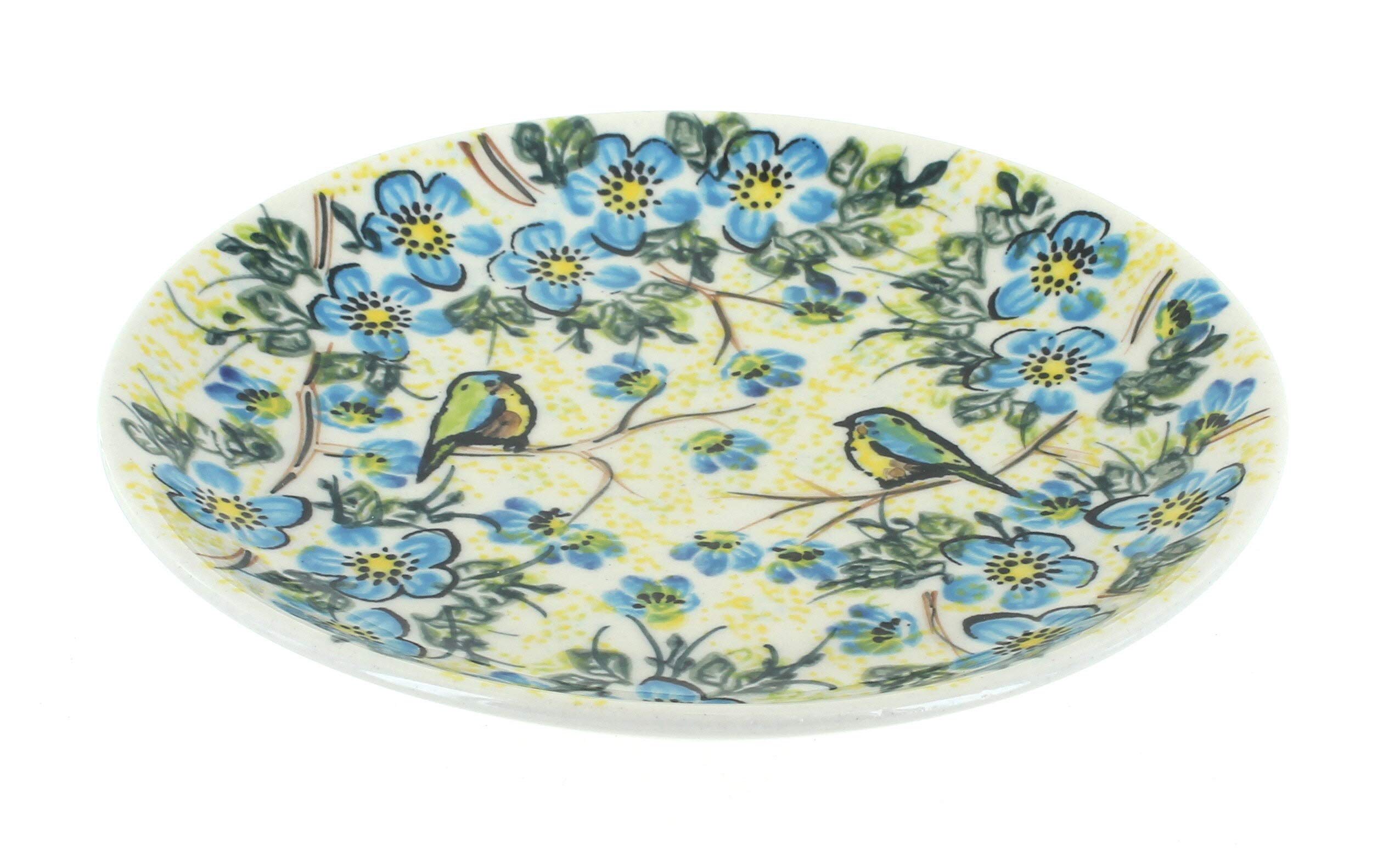 Hand-Painted Blue Rose Polish Pottery Bluebird Garden Dessert Plate - Elegant Floral Design for Afternoon Tea, Wedding Favors & Home Decor