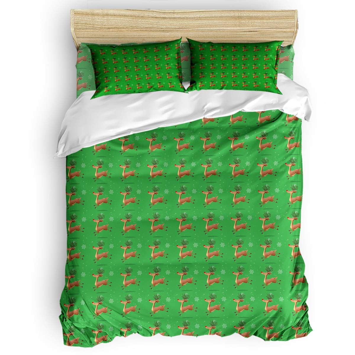 Funny Reindeer Christmas Duvet Cover Set Twin Size - 4 Piece Bedding Set with Green Winter Holiday Snowflake Comforter Cover, Fitted Sheet & Pillowcases - Perfect for Holiday Guest Rooms, Winter Bedroom Decor & Cozy Seasonal Home Styling