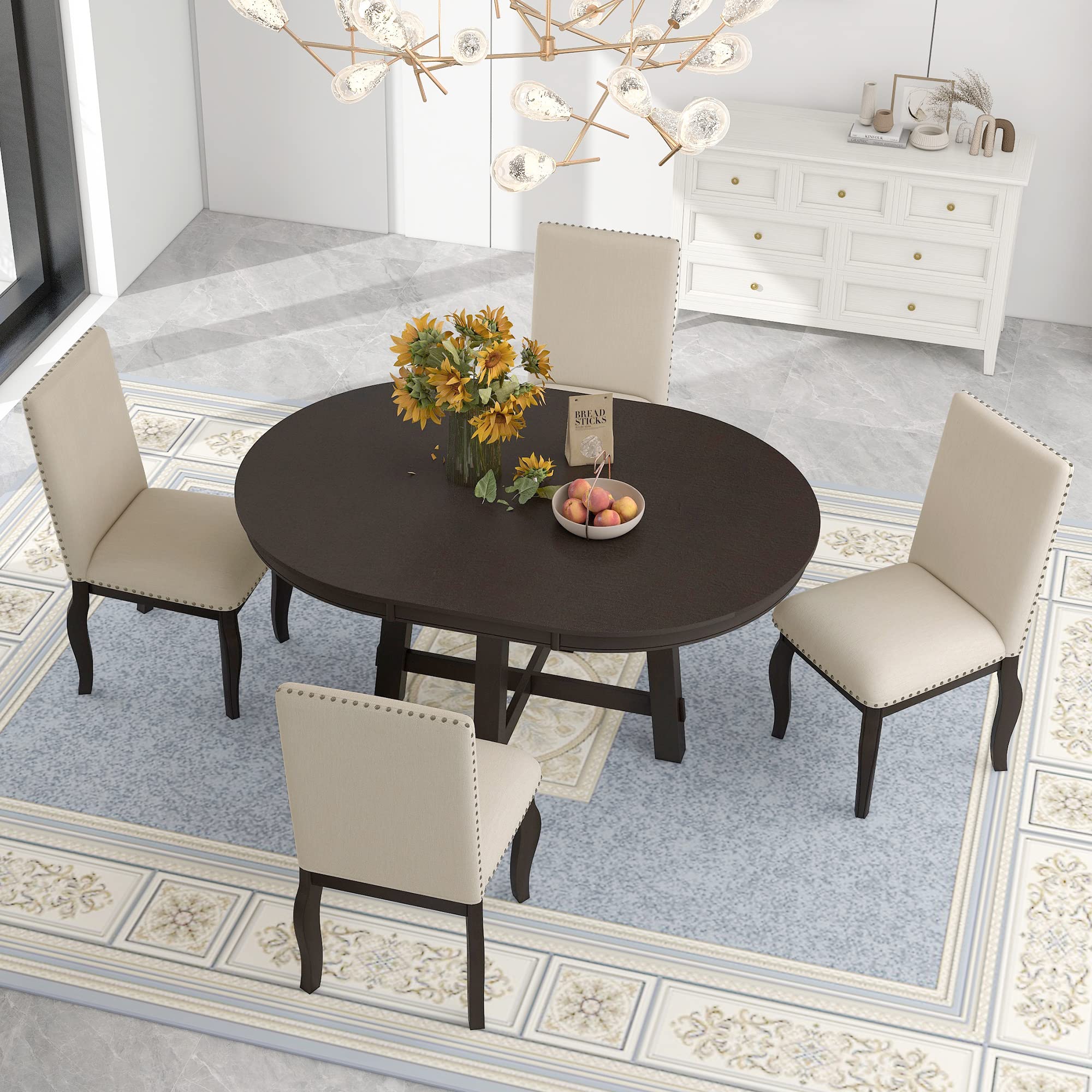 Polibi 5-Piece Farmhouse Dining Set - Espresso Wooden Round Extendable Table & 4 Upholstered Chairs, Perfect for Small Spaces & Family Gatherings