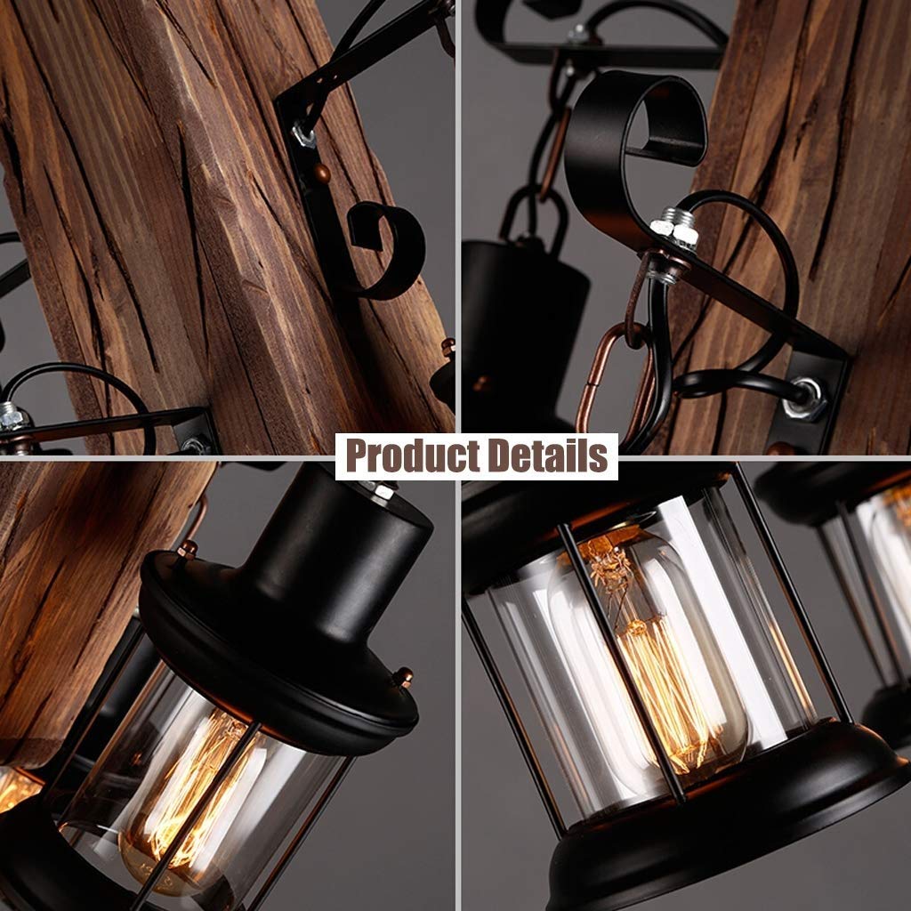 Vintage Industrial Wood & Metal Chandelier - Adjustable Height 6-Light E27 Pendant Lamp for Living Room, Dining Room & Bedroom | Retro Style Ceiling Lighting Fixture