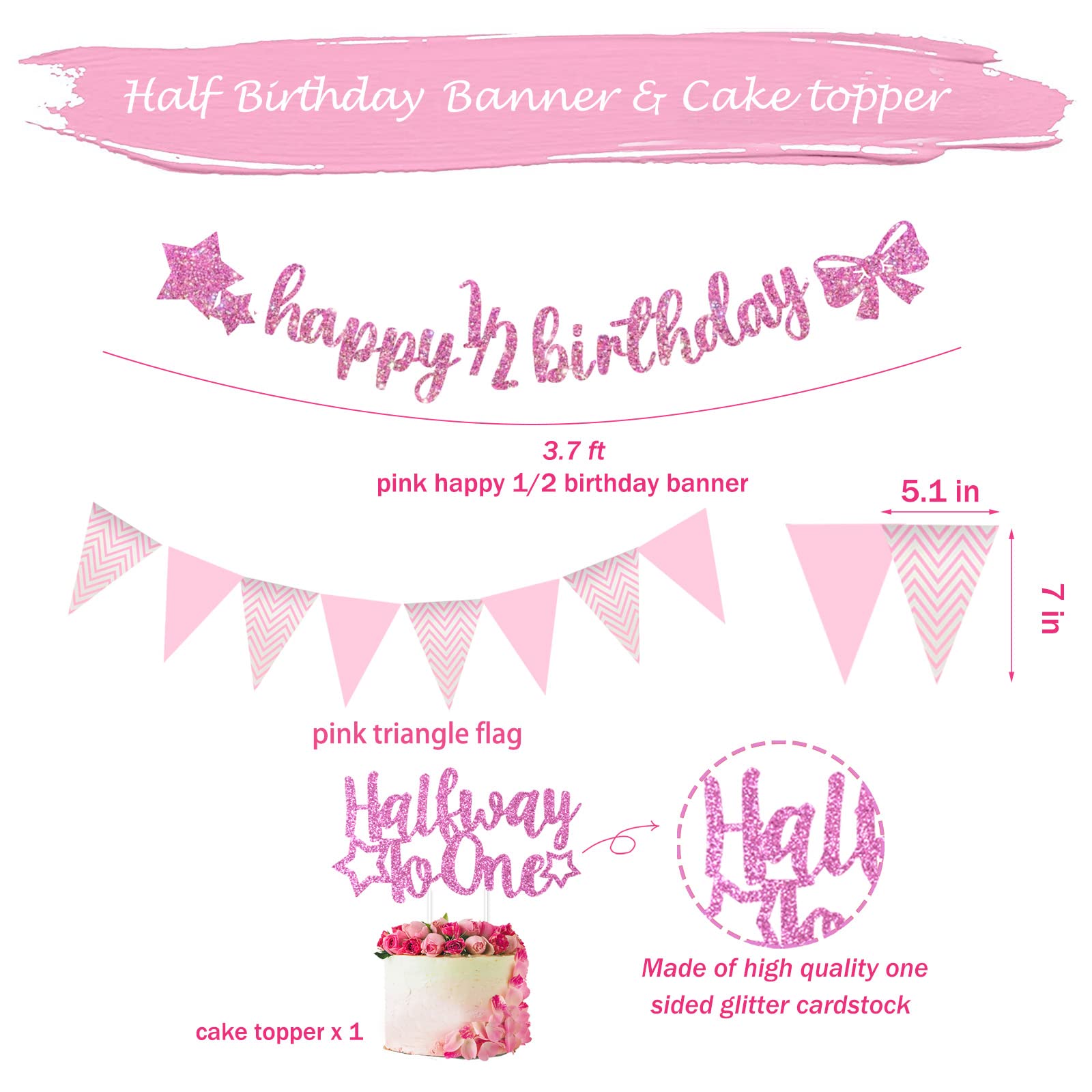 Pink Rose Gold Glitter Half Birthday Banner & Triangle Flag Decorations for Baby Girl - 6 Months & 12 Months Birthday Party Supplies, Includes Birthday Hat - Perfect for First Half Birthday Celebrations, Photo Backdrops & Milestone Parties