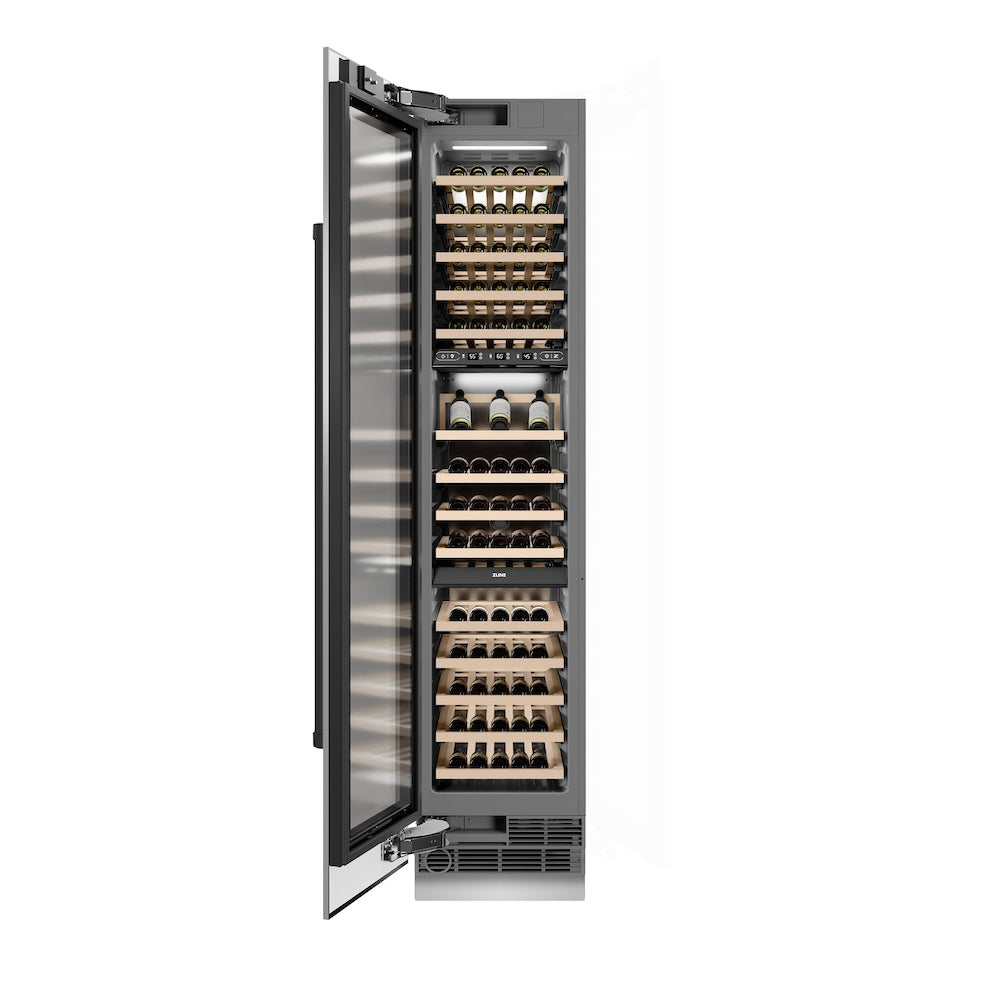 ZLINE Autograph Edition 18-Inch 9.0 cu ft Triple Zone 68-Bottle Left Hinge Stainless Steel Wine Cooler with Matte Black Accents - Perfect for Home Bars, Wine Cellars & Entertaining Spaces (RCWVLZ 30418 MB)