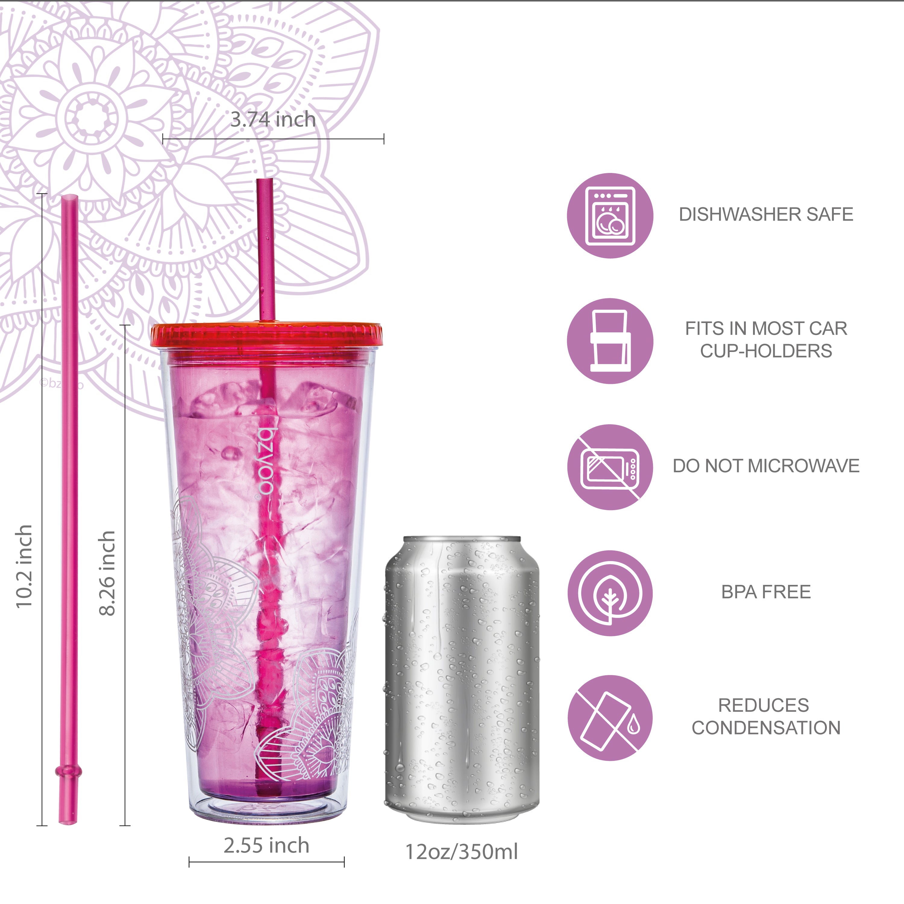 24oz Double Wall Insulated Plastic Tumbler with Lid and Straw - La La Mandala Pink Design | Leakproof Travel Mug for Coffee, Tea & Cold Drinks | BPA-Free Reusable Cup for Office, Gym & Outdoor Activities