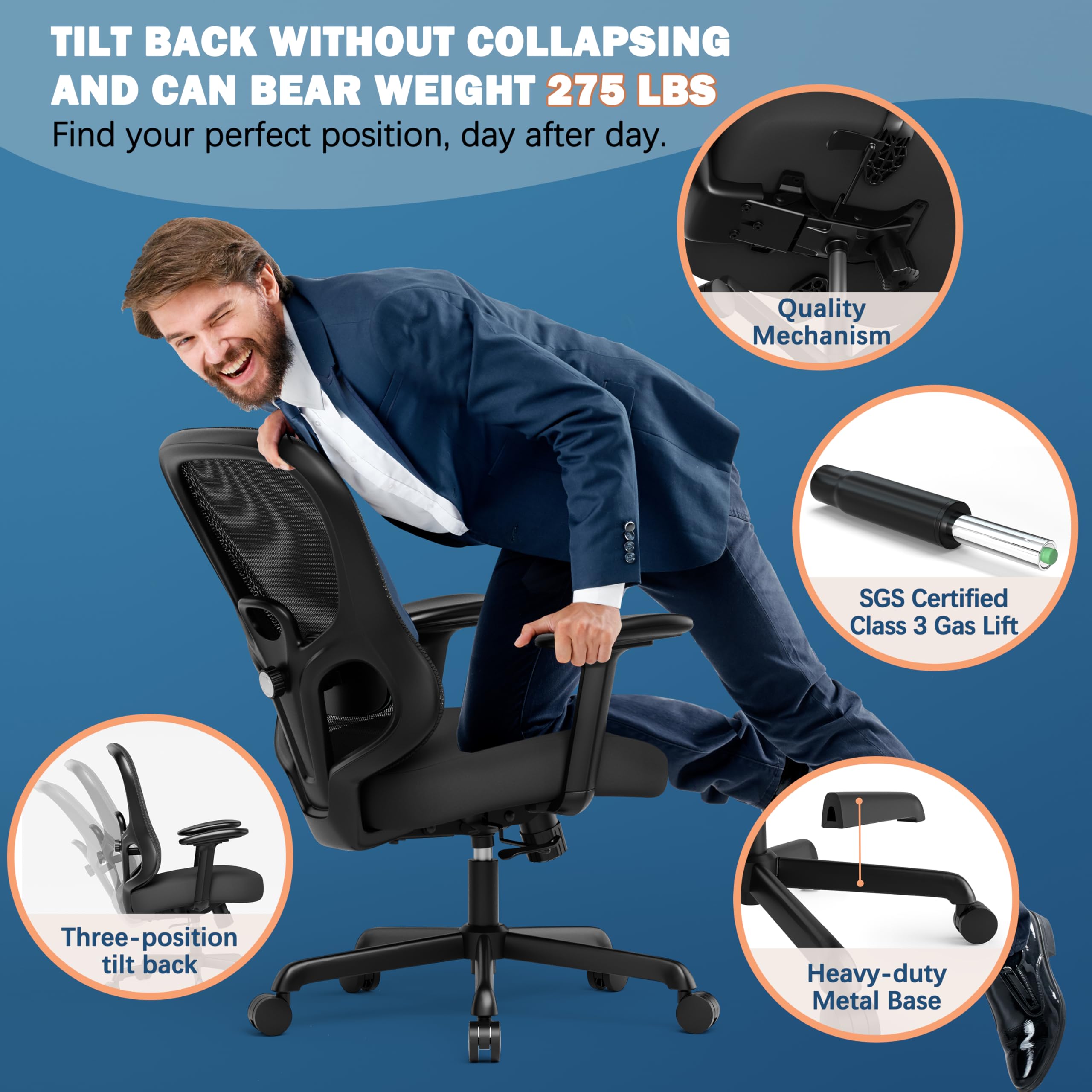 Ergonomic Office Chair with Mesh Back & Adjustable Lumbar Support - Wide Seat Executive Task Chair with 3D Armrests, Tilt Function - Perfect for Home Office, Computer Work & Long Sitting Sessions