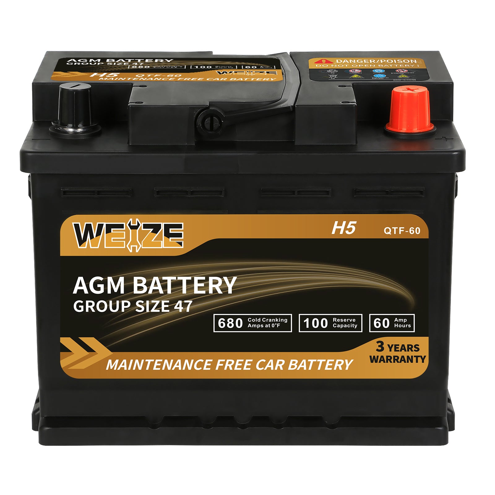 WEIZE Wise Series Group 47 AGM Car Battery 12V 60Ah H5 - High Performance Automotive Replacement Battery for Sedans, SUVs & Trucks - Cold Cranking & Deep Cycle Power for Reliable Starts in All Weather Conditions