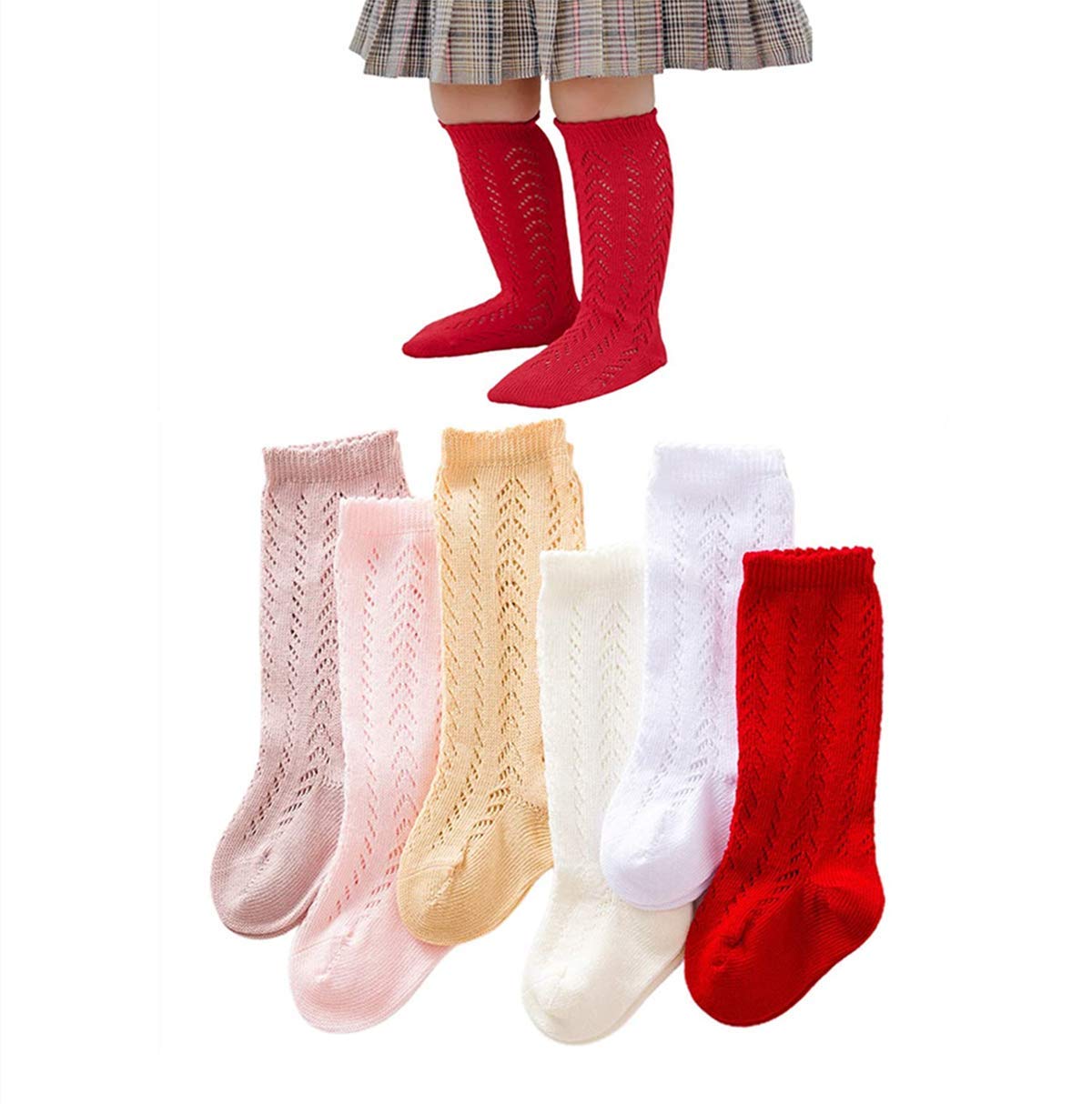 6 Pack Baby Girl Knee High Socks - Cotton Ruffled Long Stockings with Bows for Newborn & Toddler | Cute Infant Fashion Accessories for Dress Up, Photography & Daily Wear