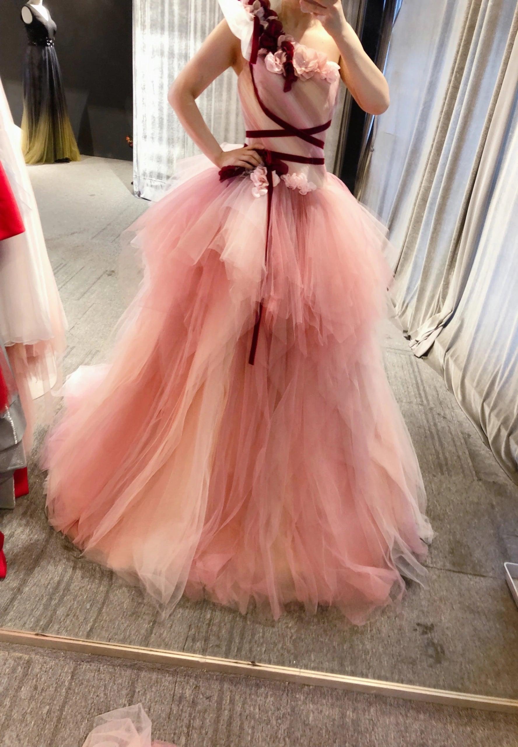 Elegant Pink One Shoulder Evening Gown - Custom Made Floor Length Dress with Handmade Floral Details | High Quality Formal Wear for Prom, Wedding, and Special Occasions