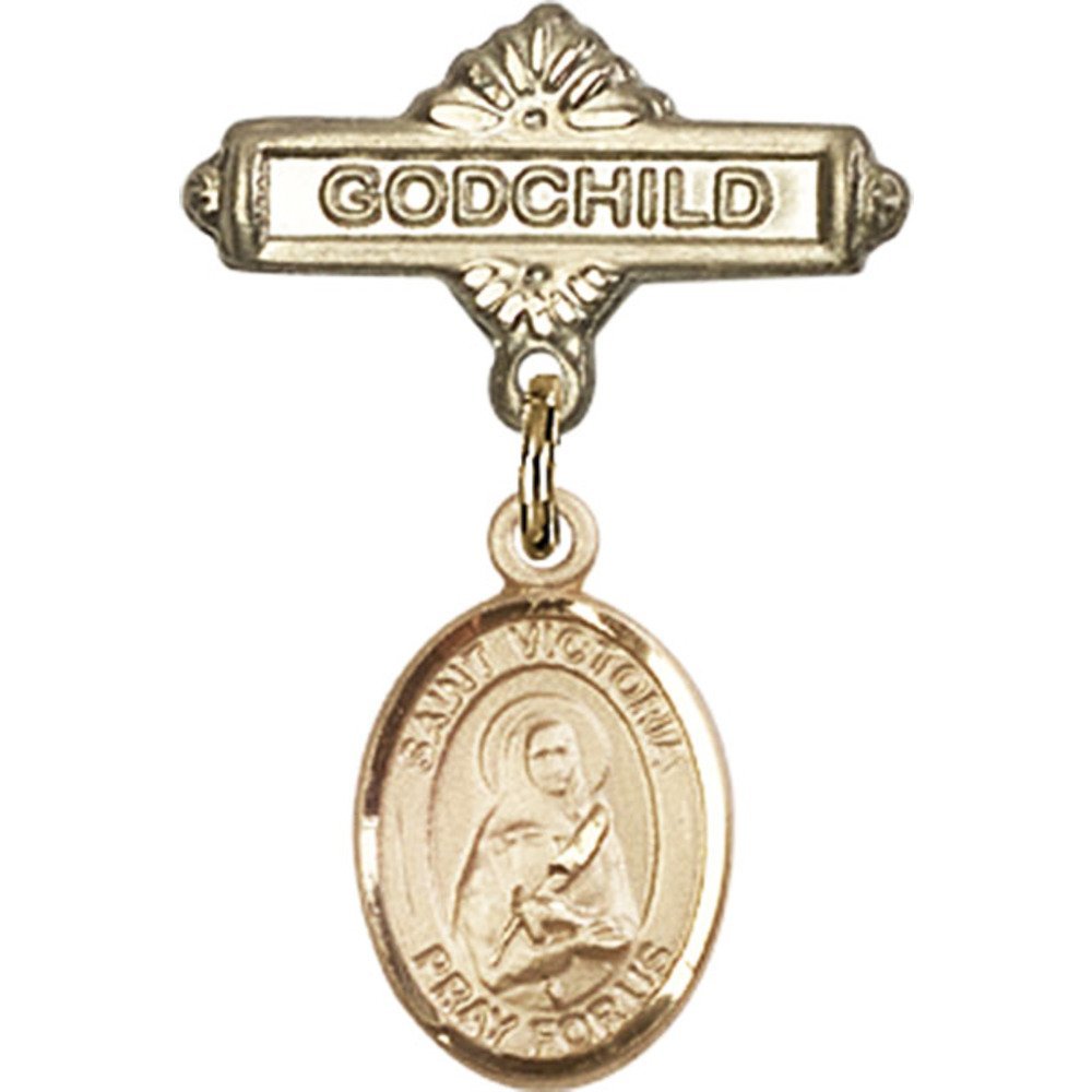 Gold Filled Baby Badge with St. Victoria Charm & Godchild Pin (1 X 5/8 Inches) - Perfect for Christenings, Baptisms & Baby Gifts