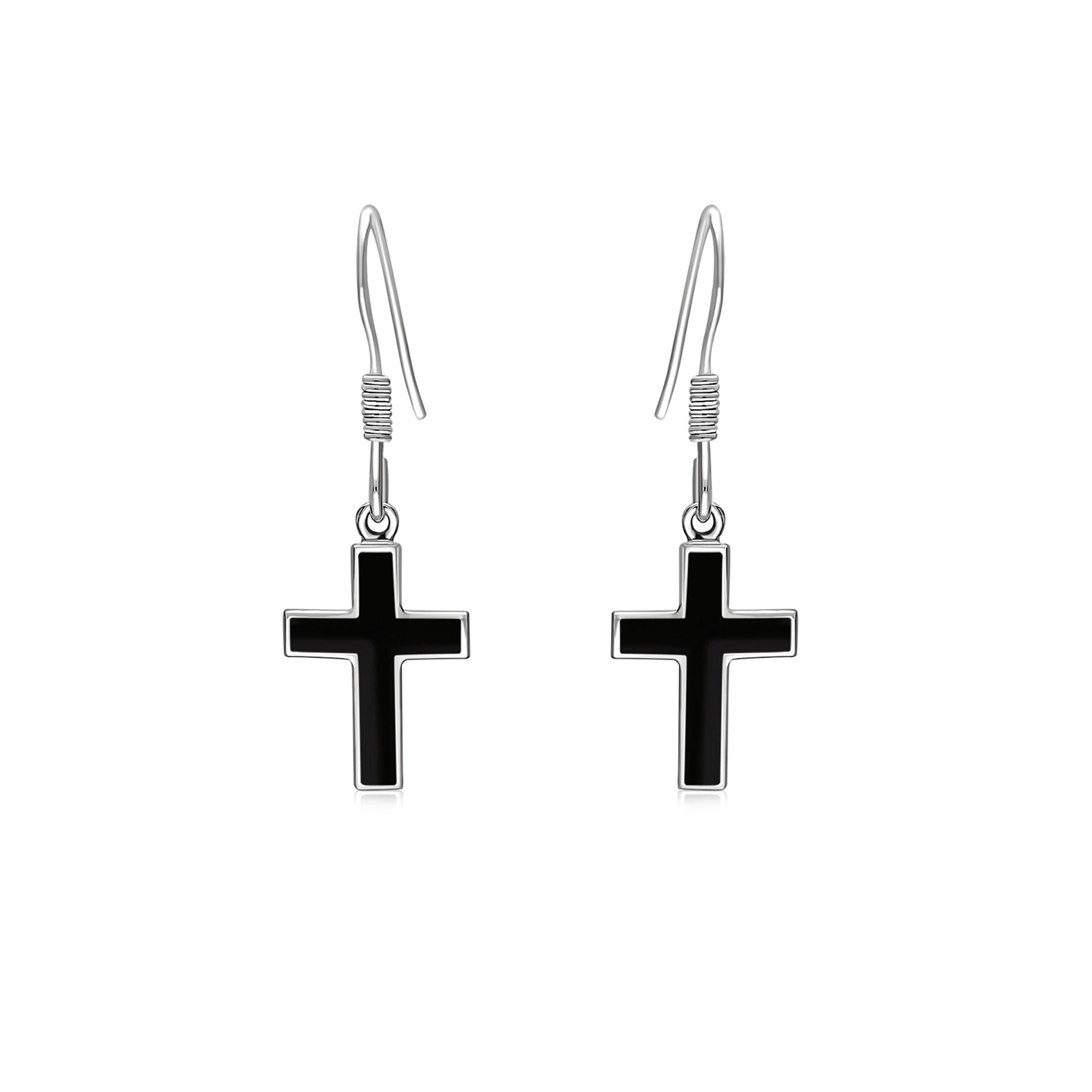 Sterling Silver Whitby Jet Cross Drop Earrings for Women - Elegant Gothic Jewelry for Church, Weddings & Special Occasions