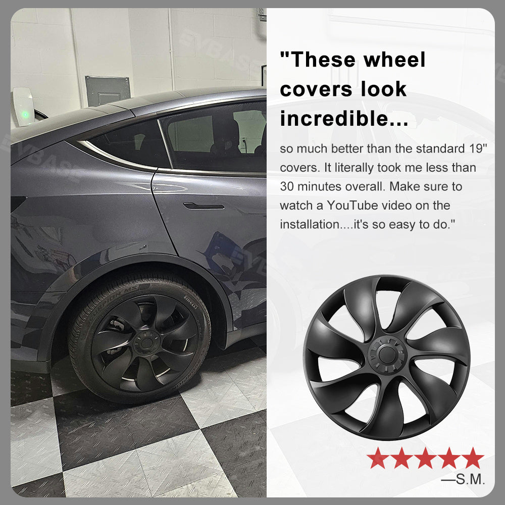 EVBASE Model Y 19-Inch Überturbine Wheel Cover Set (4PCS) - Matte Black Replacement Caps for Tesla Model Y - Enhance Style & Protection for Daily Driving & Road Trips