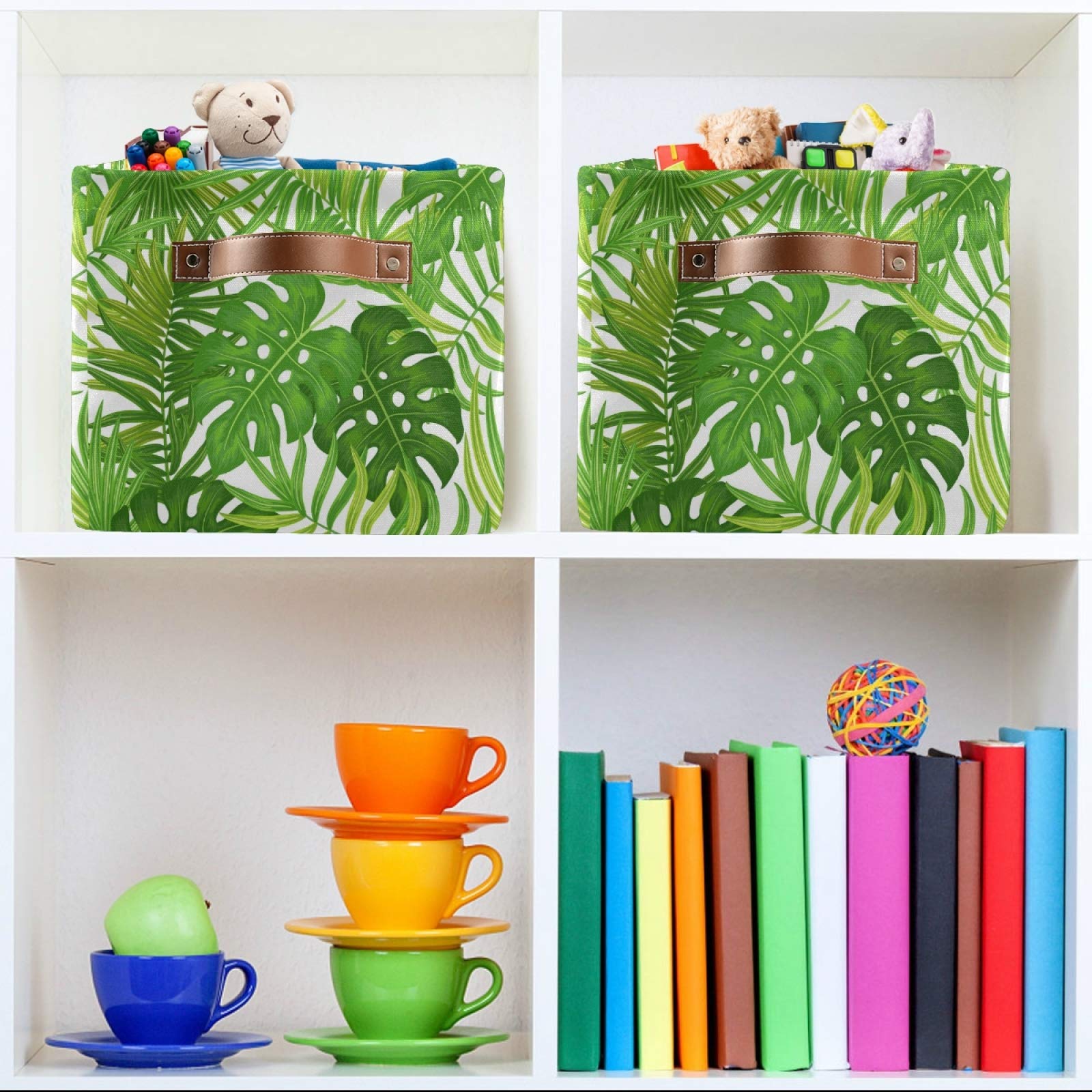 AUUXVA Collapsible Storage Basket with Handles - Tropical Palm Tree & Monstera Leaf Pattern Canvas Organizer Bin for Toys, Clothes & Home Decor | Perfect for Bedroom, Closet, Shelf & Office Organization