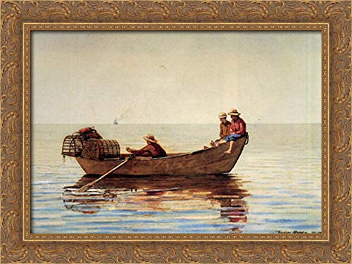 Winslow Homer Three Boys in a Dory with Lobster Pots 24x18 Gold Ornate Wood Framed Canvas Art - Perfect for Coastal & Nautical Home Decor, Living Room, Office Wall Art