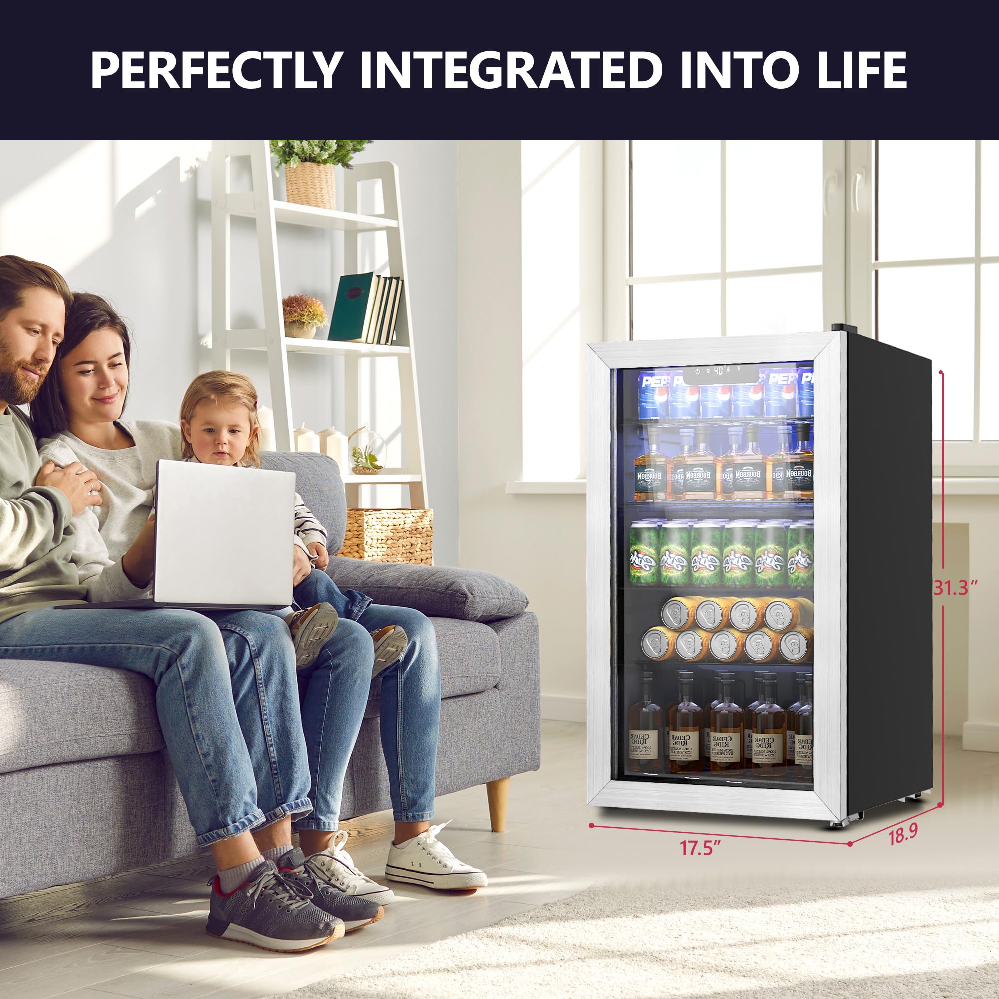 126 Can Mini Beverage Refrigerator Cooler with Glass Door for Soda, Beer, Wine - Adjustable Removable Shelves, Silver - Perfect for Home, Office, Bar, and Kitchen Use