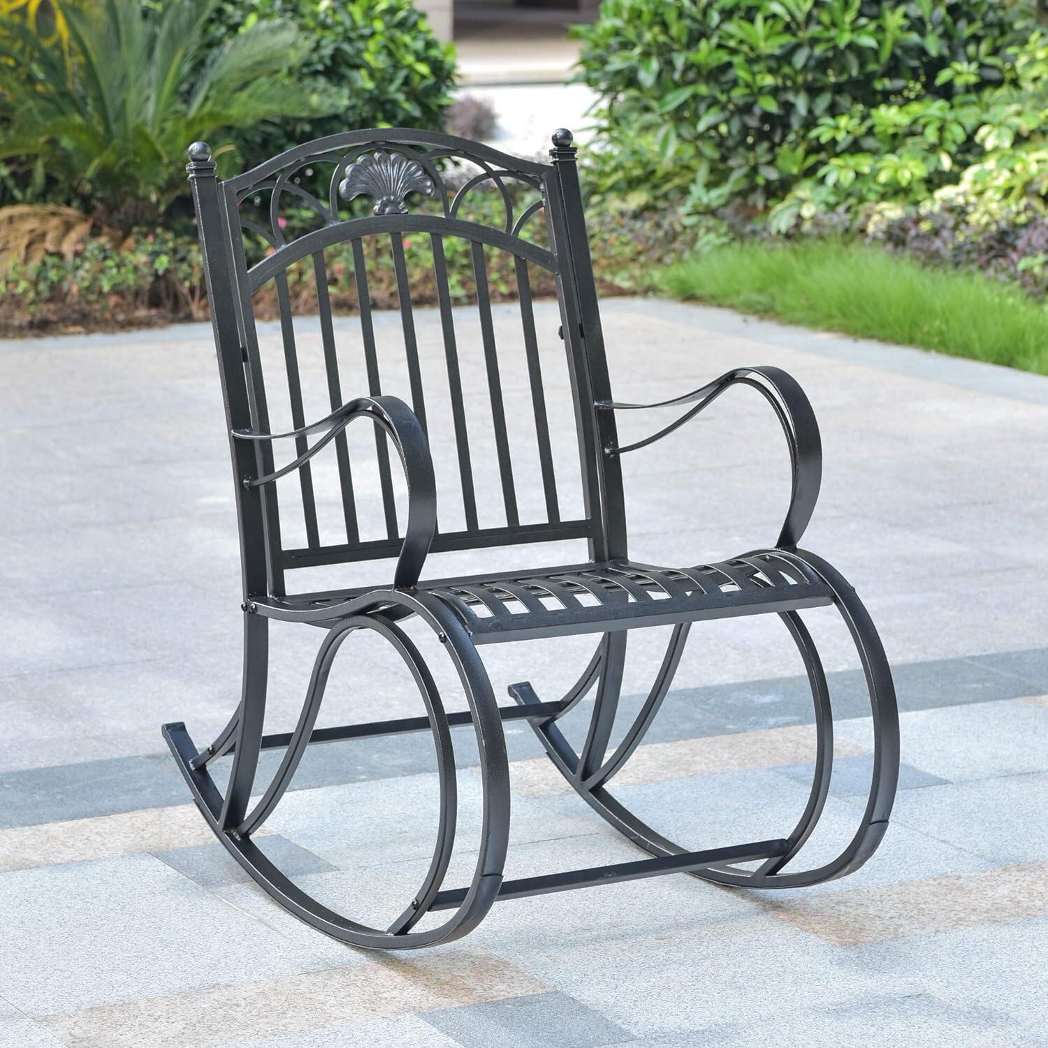 Segovia Iron Porch Rocker - Classic Outdoor Rocking Chair for Patio, Garden & Front Porch - Durable Wrought Iron Furniture for Relaxing & Decorating Your Home