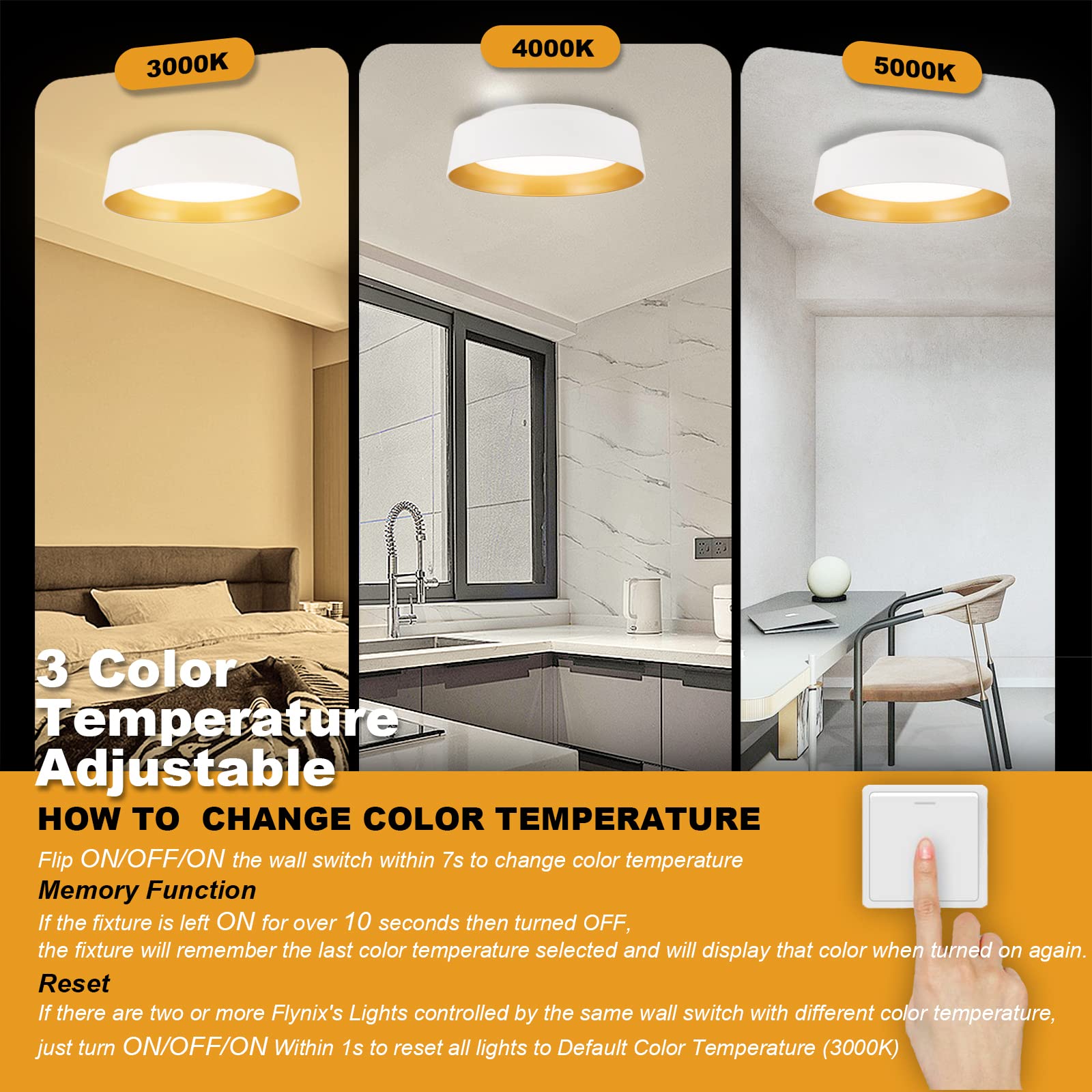12.5 Inch LED Flush Mount Ceiling Light Fixture - 26W Super Bright 1350 Lumen - 3 Color Temperatures (3000K/4000K/5000K) - Matte White with Gold Accent - Dimmable LED Ceiling Light for Bedroom, Hallway, Bathroom & Outdoor Use - Perfect for Modern Home Lighting and Commercial Spaces
