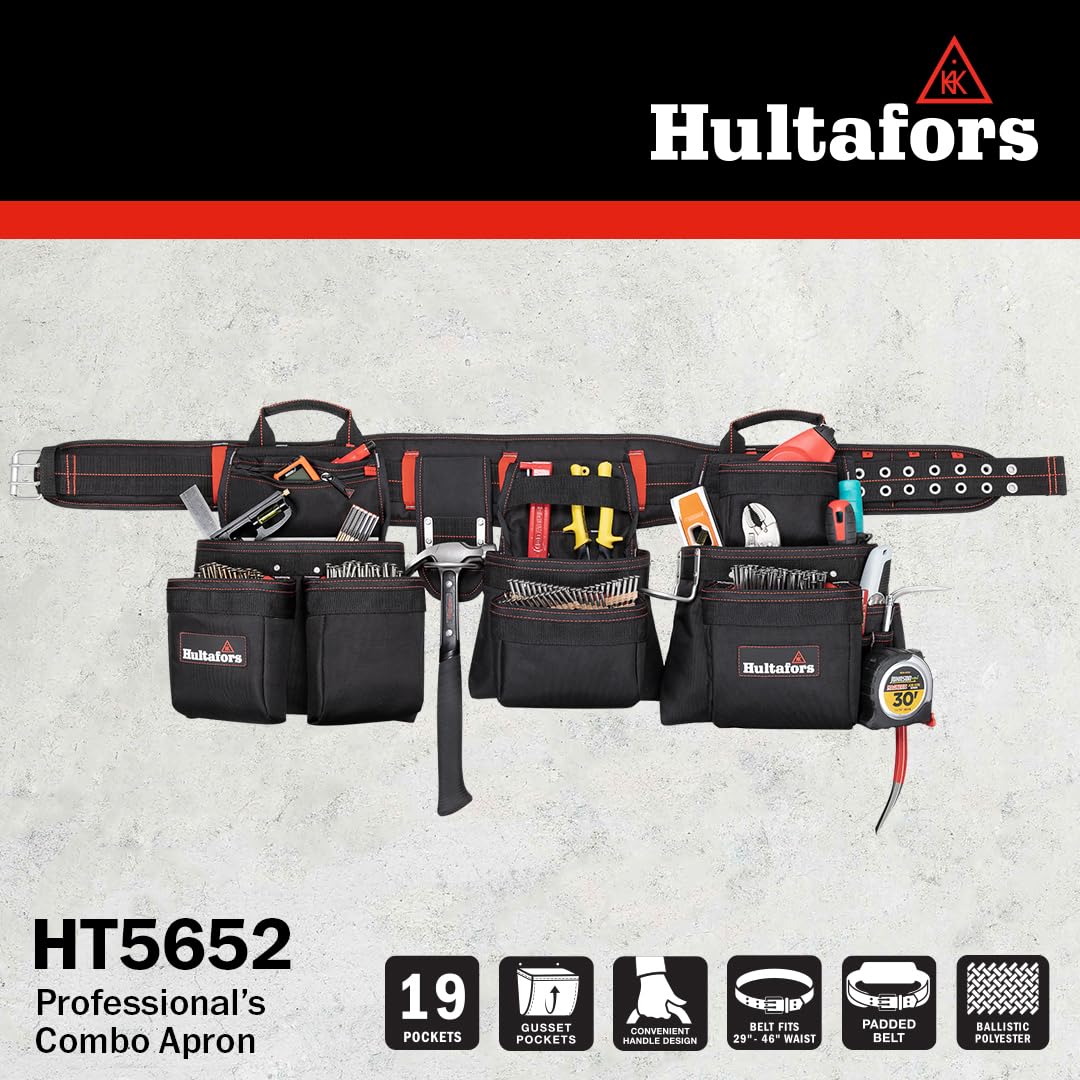Hultafors HT5652 Professional Carpenter Apron - Heavy Duty Ballistic Polyester Tool Belt with Gusset Pockets, Zippered Compartments, 2 Hammer Loops & Tape Clip - Ideal for Woodworking, Construction & DIY Projects