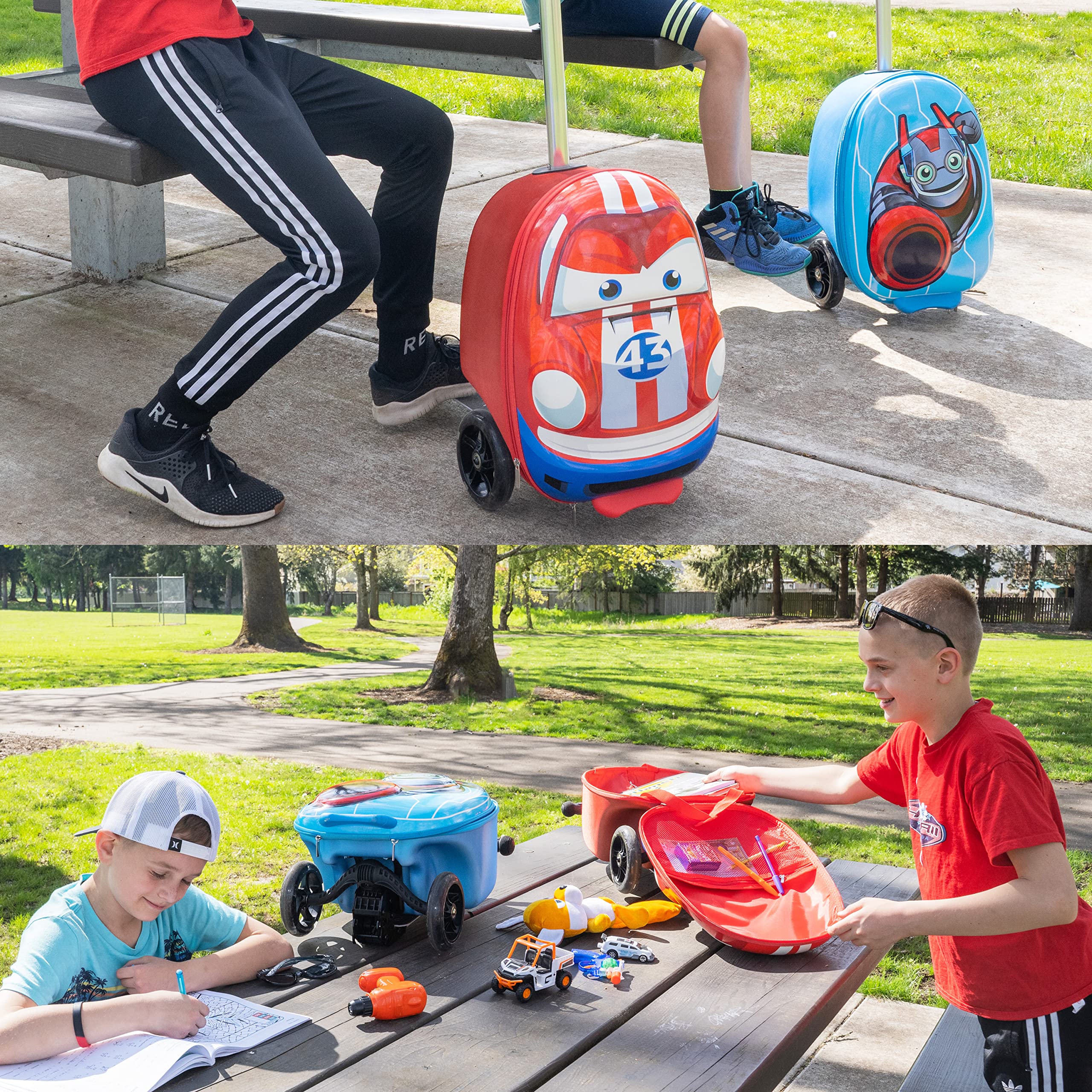 Kiddietotes 3D Hardside Scooter Ride-On Suitcase for Kids - Lightweight Wheeled Luggage with Fun LED Lights - Perfect for Air Travel, Road Trips & School Commutes