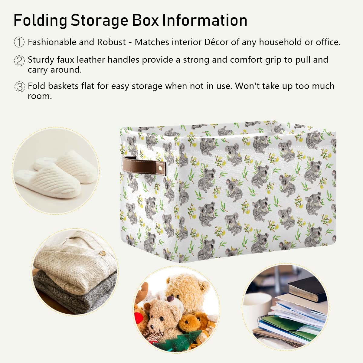 Foldable Fabric Storage Bins with Koala & Flower Design - Large Capacity Closet Organizers with Reinforced Handles (2-Pack) | Perfect for Bedroom, Closet, Nursery & Office Organization