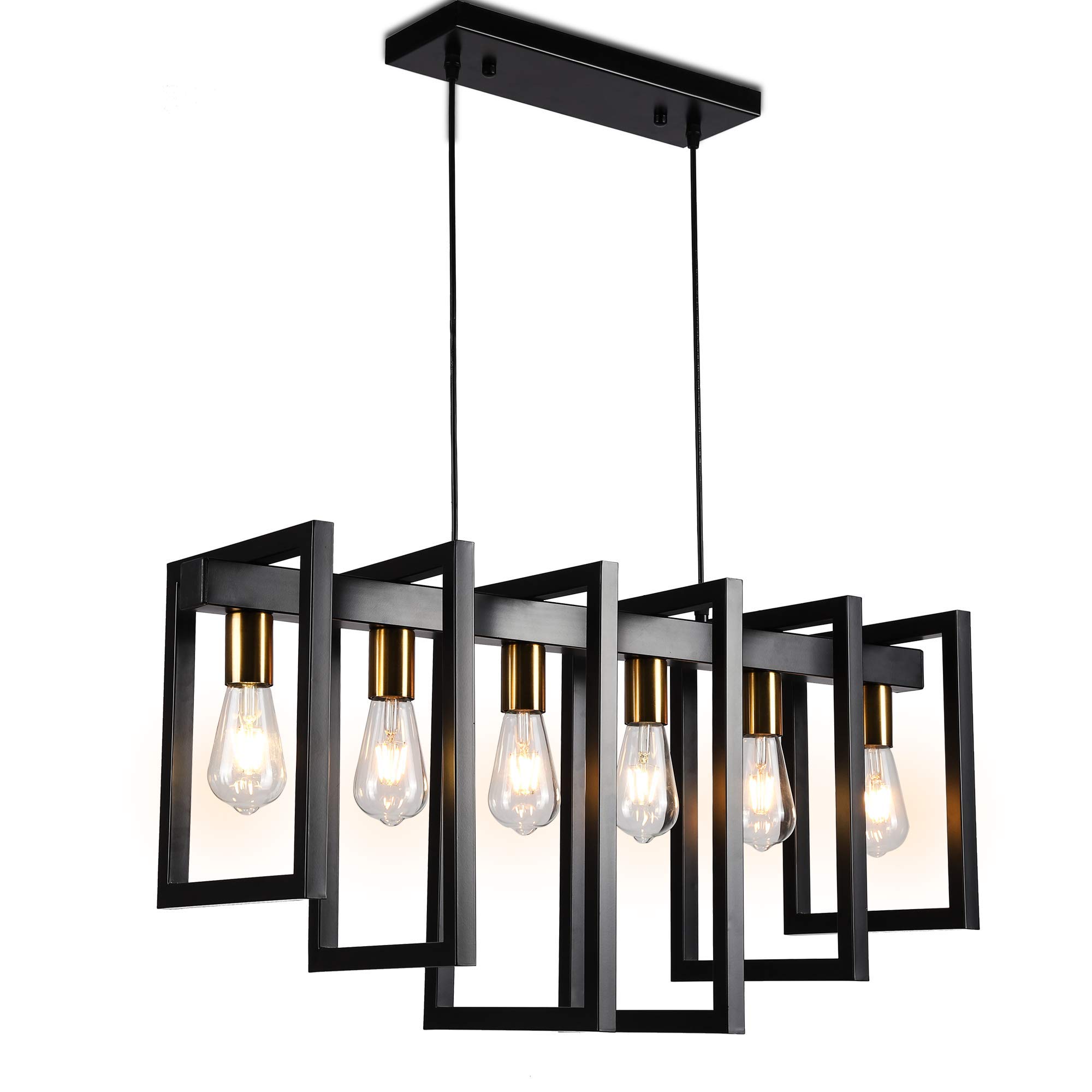 SomSom Modern 6-Light Kitchen Island Pendant Chandelier - Industrial Ceiling Lighting Fixture in Matte Black & Antique Brass Finish - Perfect for Farmhouse, Loft & Restaurant Dining Areas