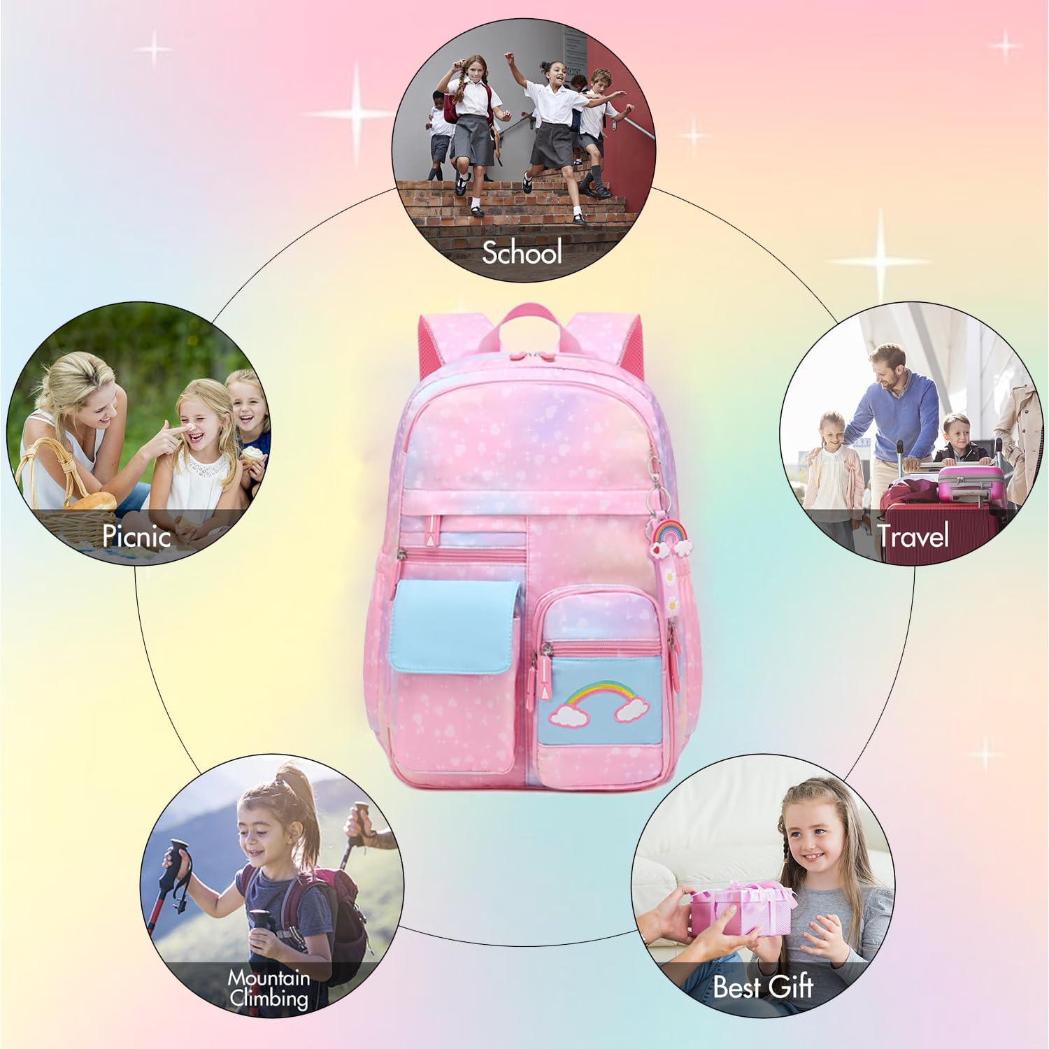 **Rainbow School Backpack for Girls - Cute Medium Pink Bookbag with Laptop Compartment for Travel, Class & Daily Use**