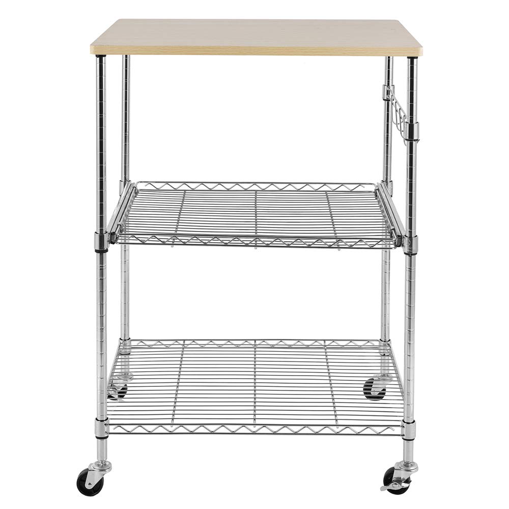3-Tier Rolling Kitchen Cart with Hooks - Stainless Steel Microwave Stand, Baker's Rack & Storage Shelf on Wheels | Perfect for Small Kitchens, Apartments & Dorm Rooms | Space-Saving Mobile Workstation for Microwave, Spices & Cooking Essentials