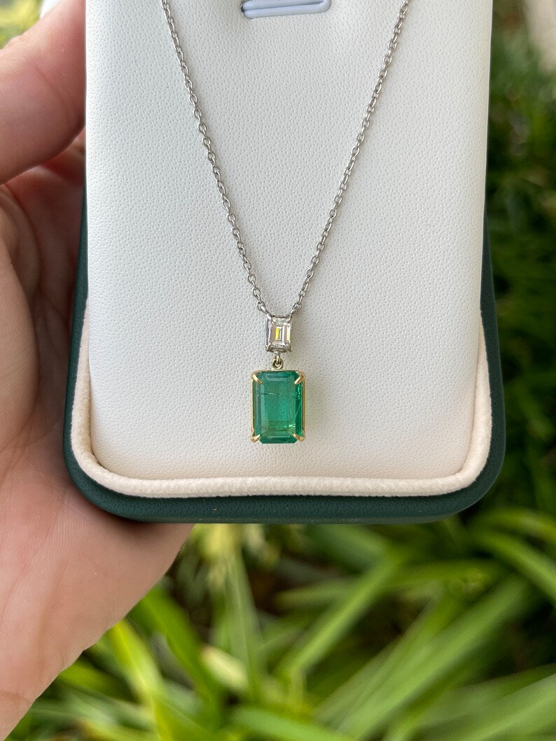 3.13tcw Genuine Dark Green Emerald Cut Diamond Necklace in 14K Two-Tone Gold - Elegant Jewelry for Weddings, Anniversaries & Special Occasions