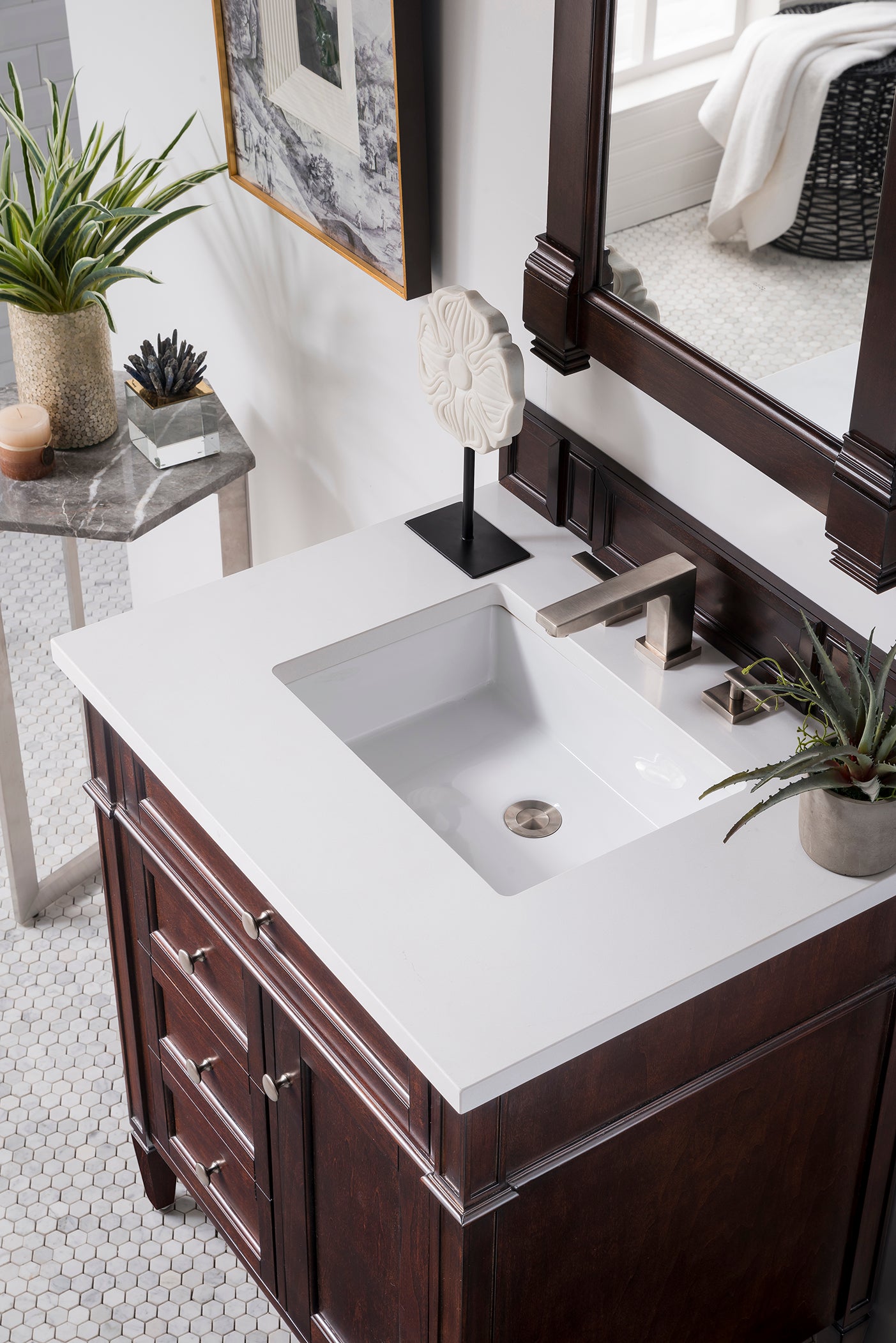 Brittany 30-Inch Single Bathroom Vanity with Burnished Mahogany Finish & 3CM White Zeus Quartz Countertop - Perfect for Modern Master Bathrooms & Powder Rooms