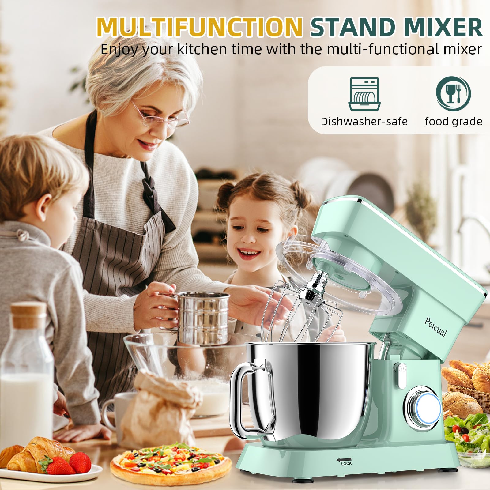 6QT 10-Speed Tilt-Head Stand Mixer with Stainless Steel Bowl - Dough Hook, Flat Beater & Wire Whisk Included - Perfect for Baking Bread, Cakes & Cookies - Green Kitchen Electric Mixer for Home Bakers