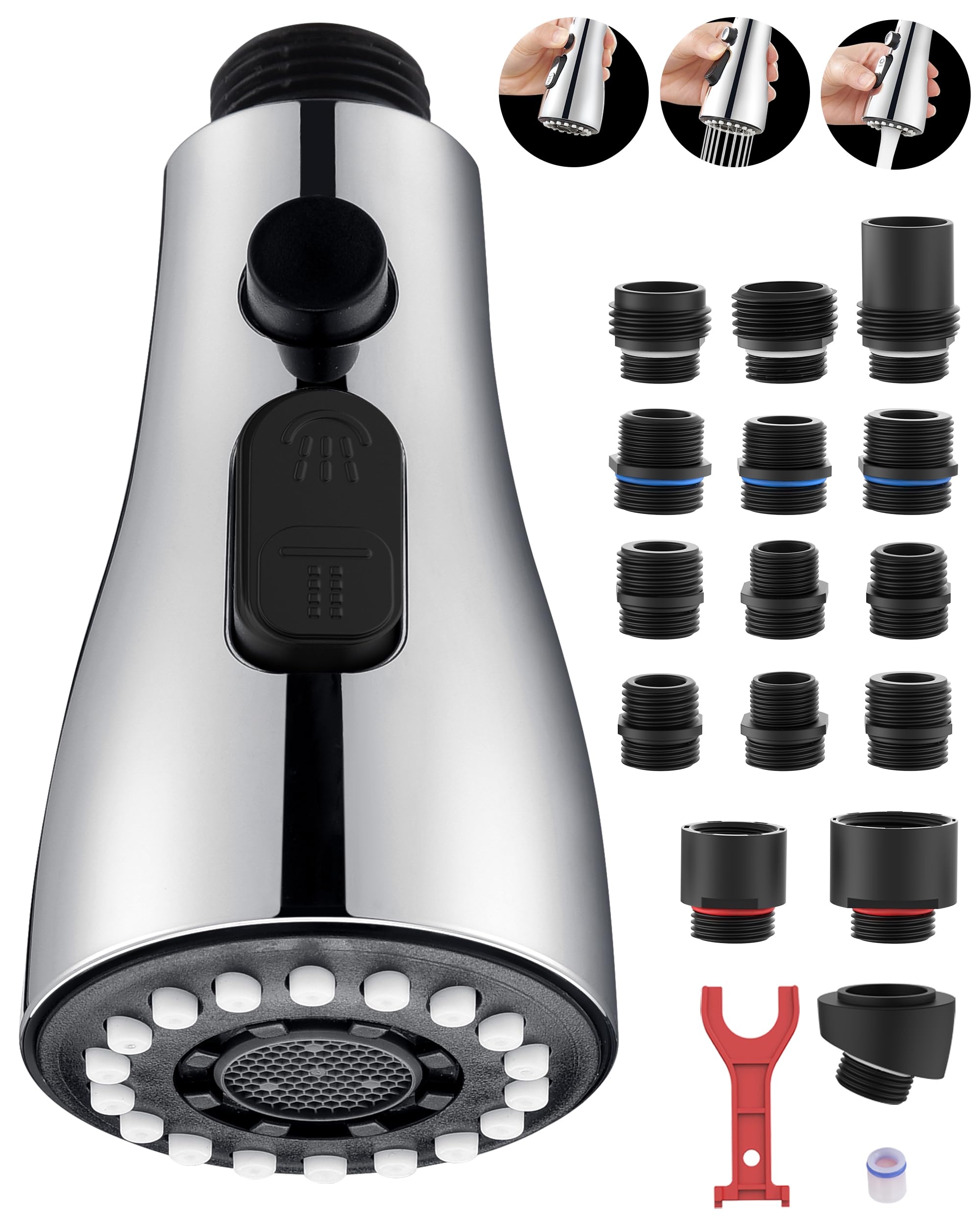 **15-in-1 Kitchen Faucet Spray Head Replacement with 3 Spray Modes - Pull Down & Pull Out Faucet Nozzle for Sink, Chrome Finish | Perfect for Dishwashing, Vegetable Rinsing & Counter Cleaning**