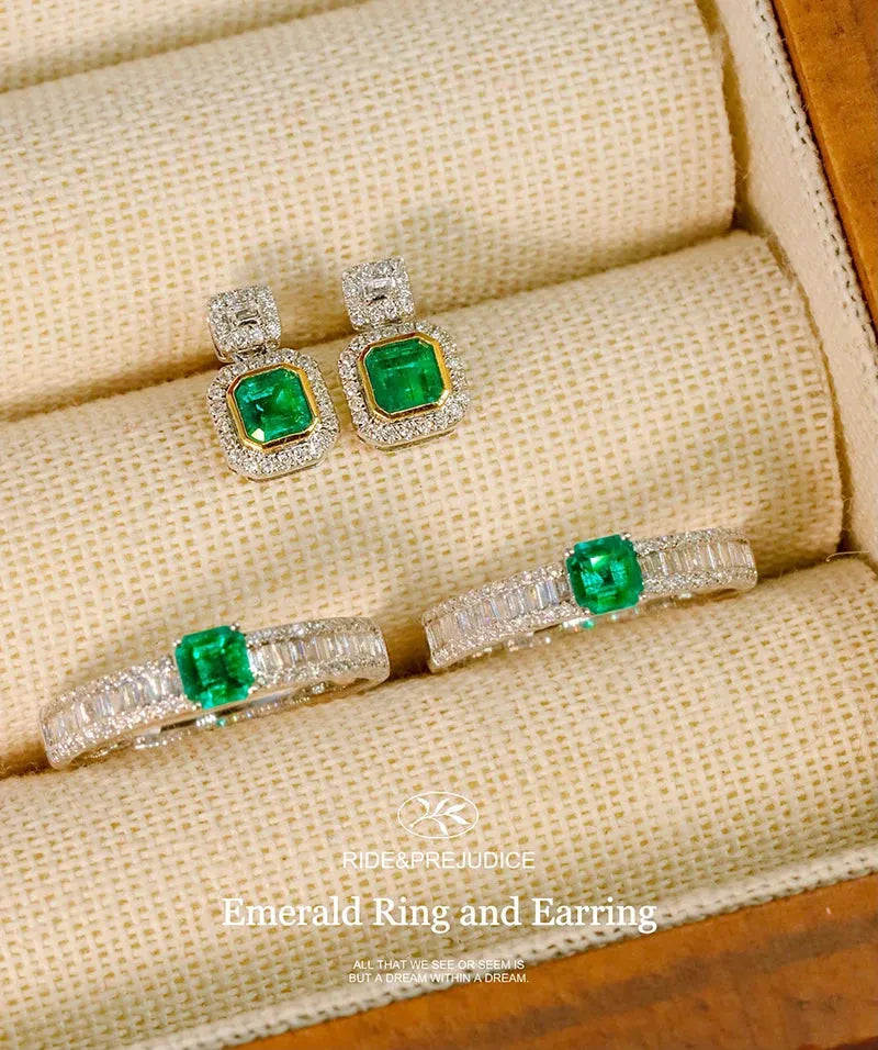 18K White & Yellow Gold Emerald Diamond Stud Earrings for Women - Elegant Wedding Jewelry Gift for Brides, Anniversary & Special Occasions