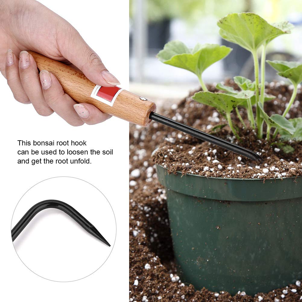 AYNEFY Bonsai Root Hook - Wooden Handle Gardening Tool for Loosening Soil, Weeding, Digging, Edging & Repotting Plants | Perfect for Bonsai Care, Garden Planting & Landscaping
