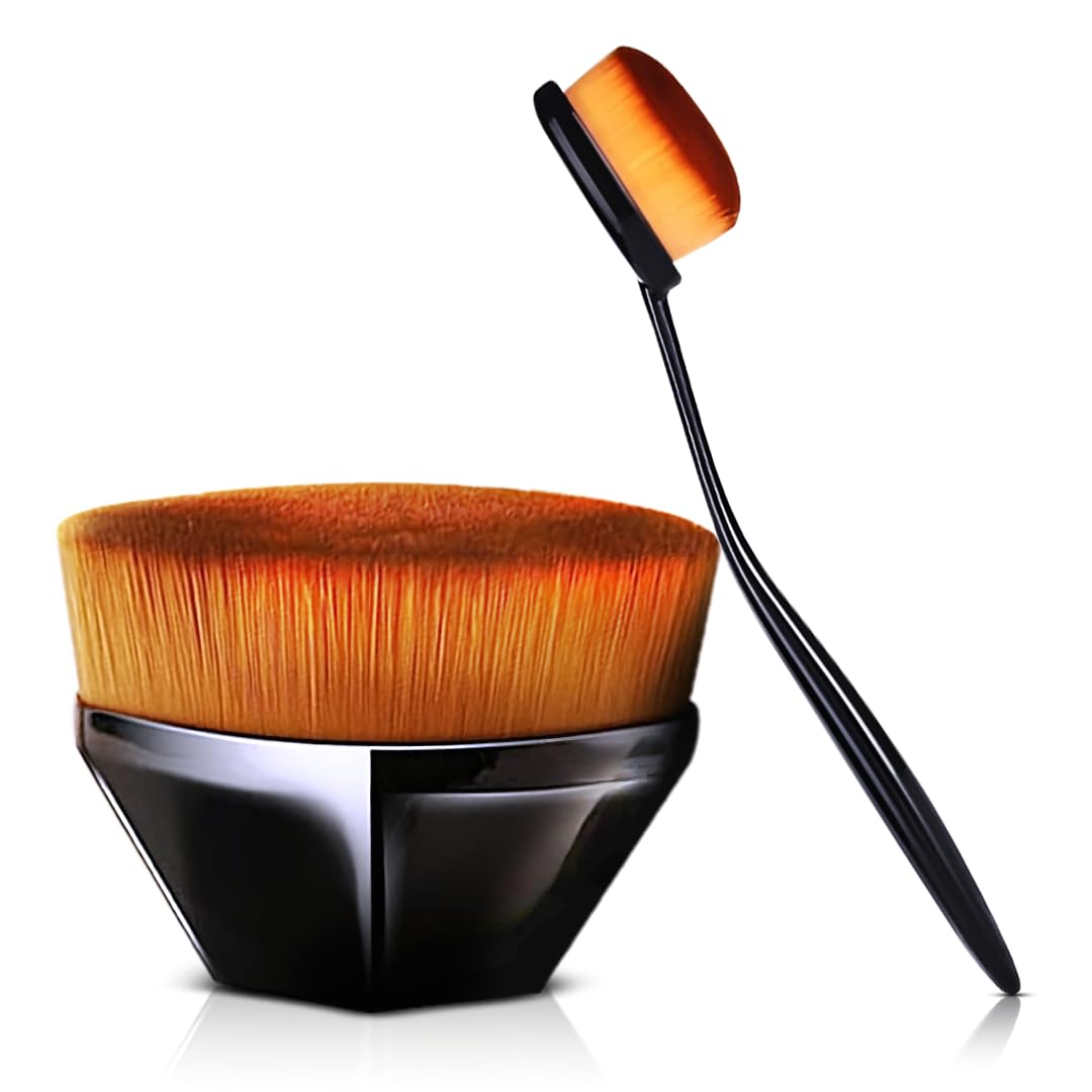 Gleva Professional Foundation Makeup Brush Set - Kabuki Hexagon & Flexible Oval Toothbrush Design for Liquid, Powder, Cream Blending, Contouring & Blush Application | Perfect for Everyday Makeup & Travel (Oval + Hexagon)