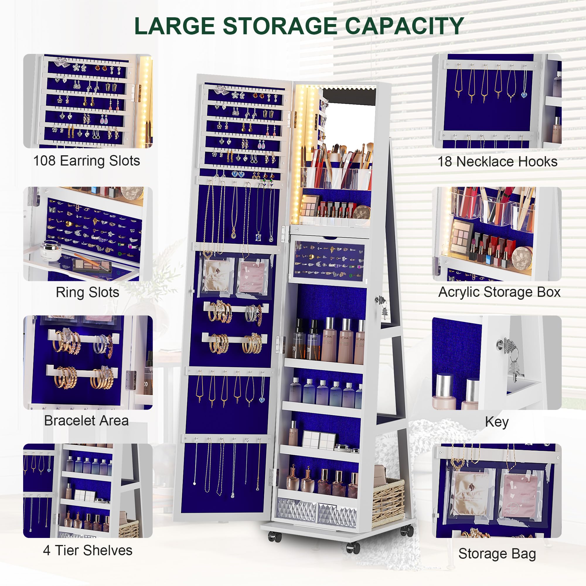 360° Rotating Jewelry Armoire with LED Lights & Lockable Cabinet - Full Length Mirror with Jewelry Storage - Large Jewelry Organizer with Wheels & Foldable Makeup Shelf (White) - Perfect for Bedroom, Dressing Room & Closet Organization