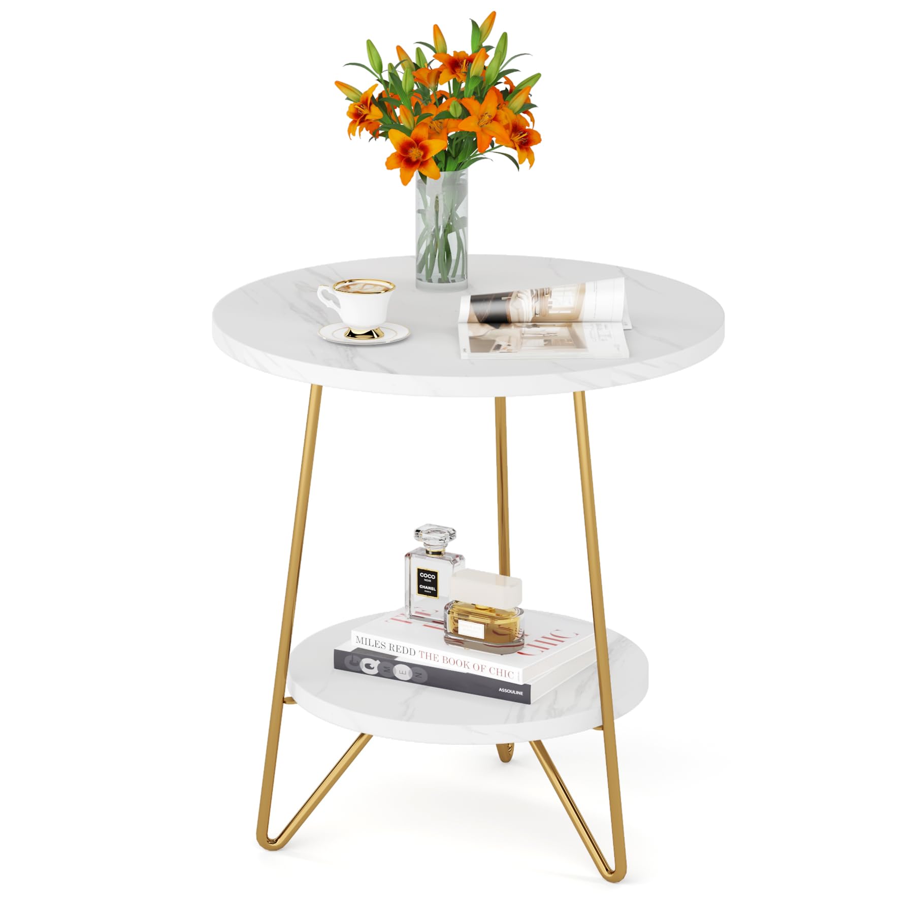 Tribesigns Faux Marble End Table - 2-Tier Round Side Table with Shelves, Modern Gold Nightstand Bedside Table, Small Coffee Accent Table for Living Room & Bedroom - White and Gold Finish - Perfect for Small Spaces, Apartment Decor & Coffee Table Styling