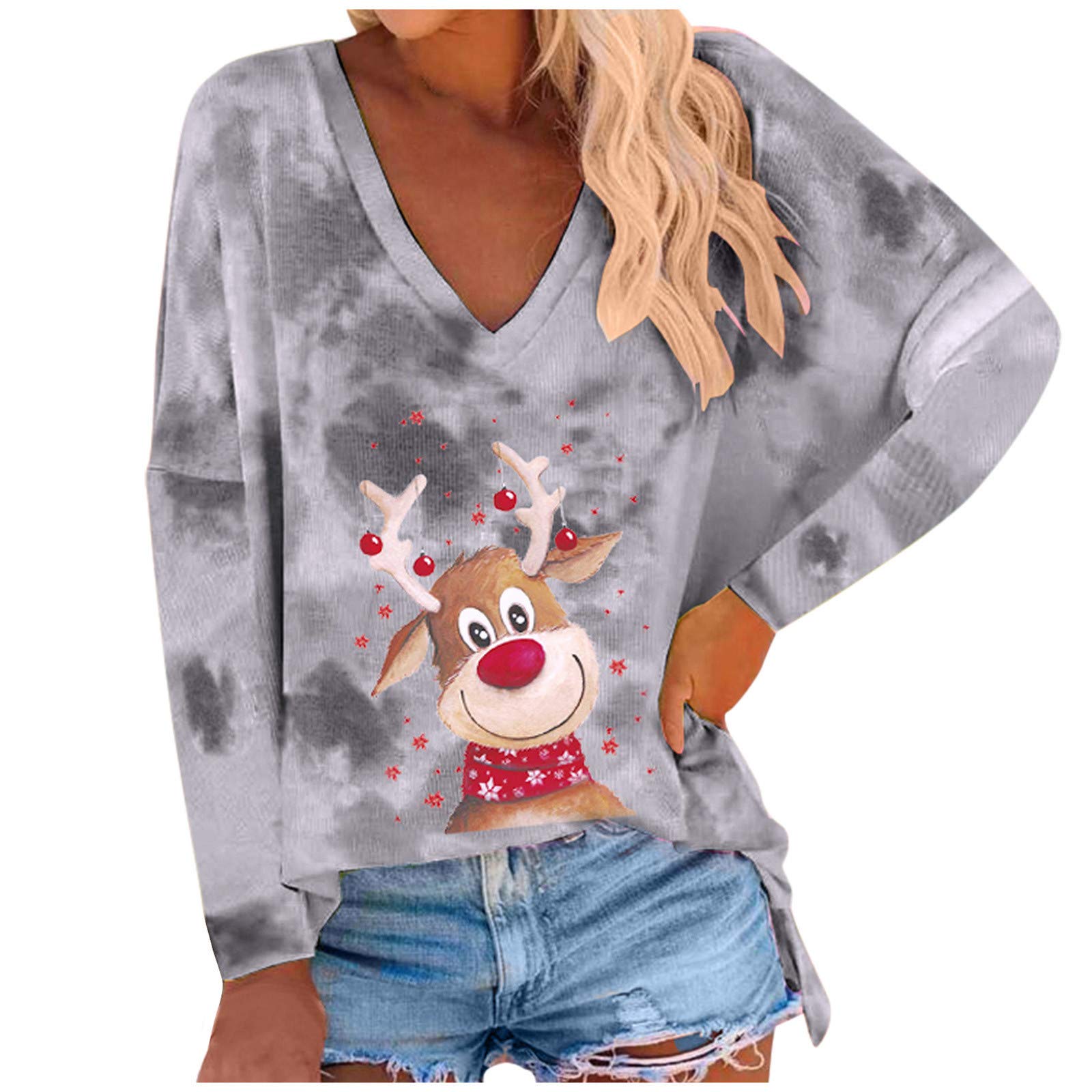 Women's White V-Neck Tank Tops - Christmas Tie-Dye Print Pullover for Winter - Casual Wear, Holiday Outfits & Seasonal Fashion