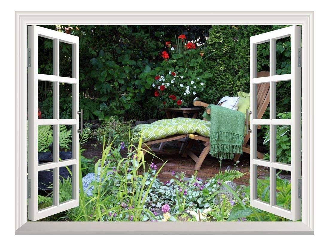 Creative Window View Wall Mural - Deck Chair in a Serene Garden with Vibrant Flowers | Removable Wall Sticker for Living Room, Bedroom, or Office Decor - 24