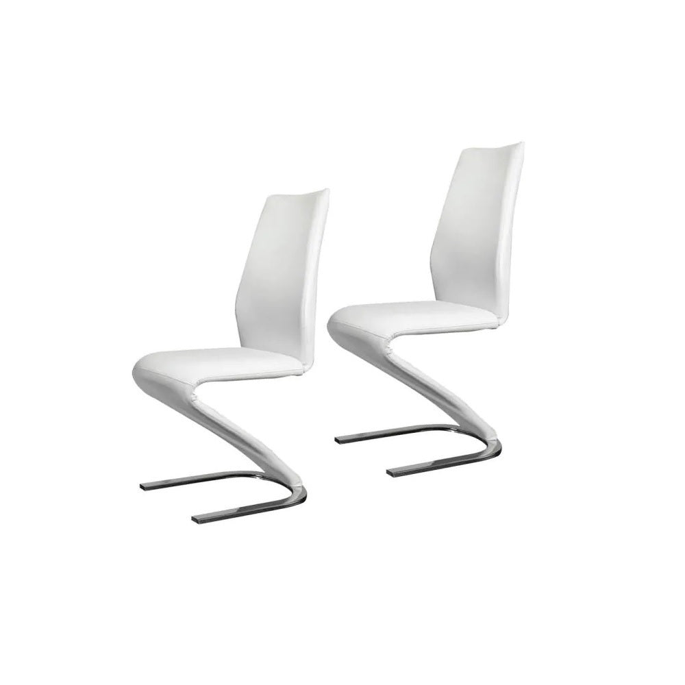 Modern Z-Shaped Chair Base - 2 Pack White Leatherette Dining Chairs with Chrome Finish | Contemporary Side Chairs for Dining Room, Kitchen, or Office Seating