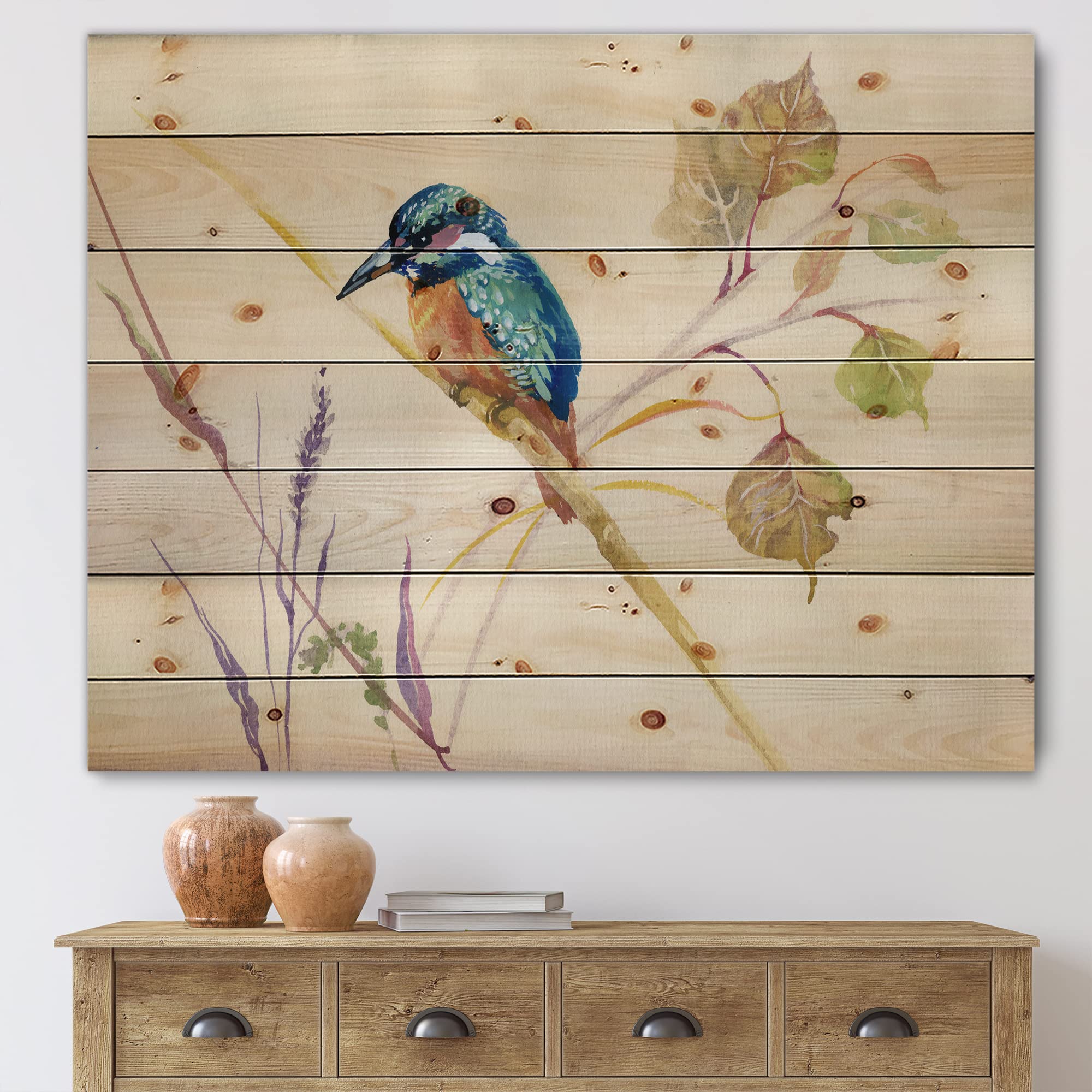 DesignQ Traditional Wood Wall Art - Common Kingfisher Bird & Nature Decor, Beige Wood Wall Panel, Large Animal Print on Natural Pine Wood | Perfect for Living Room, Bedroom & Office Decor