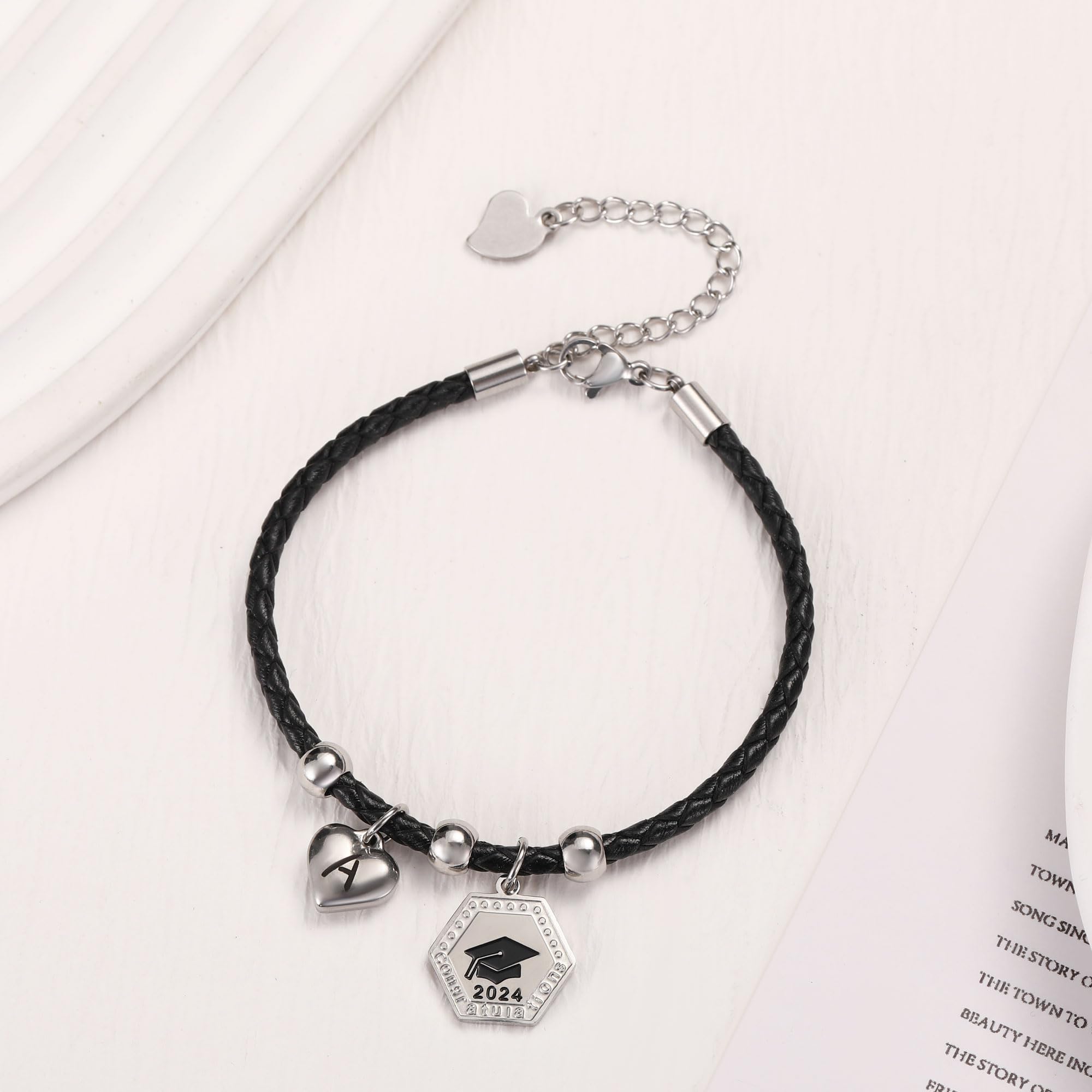 2024 Graduation Bracelets for Women - Personalized L Initial Leather Bracelet, High School & College Graduation Gifts for Her, 8th Grade Promotion Jewelry - Perfect for Ceremonies, Parties & Special Occasions