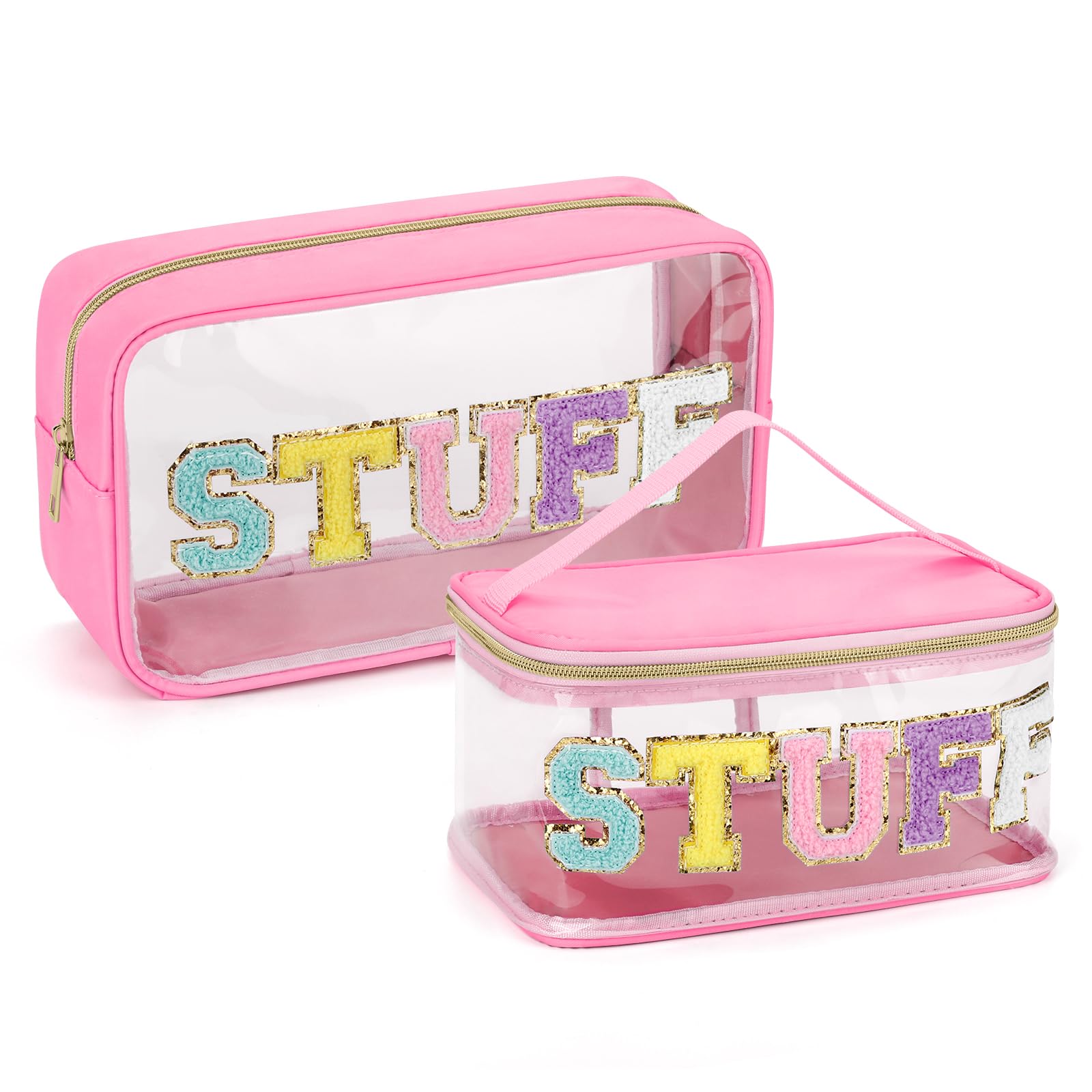 2PCS Clear Chenille Letters Makeup Bag for Travel - Waterproof Nylon Zipper Pouch, Stoney Clover Inspired Cosmetic Organizer | Portable Toiletry Storage for Women (Pink) | Perfect for Vacation, Gym & Daily Essentials
