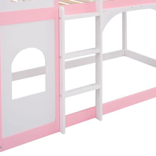 Harper & Bright Designs Twin Over Twin Kids Bunk Bed with Castle Shape - Wooden Loft Bed for Girls & Boys - Space-Saving Bedroom & Dorm Furniture - Perfect for Shared Rooms, Sleepovers & Small Spaces (Pink)
