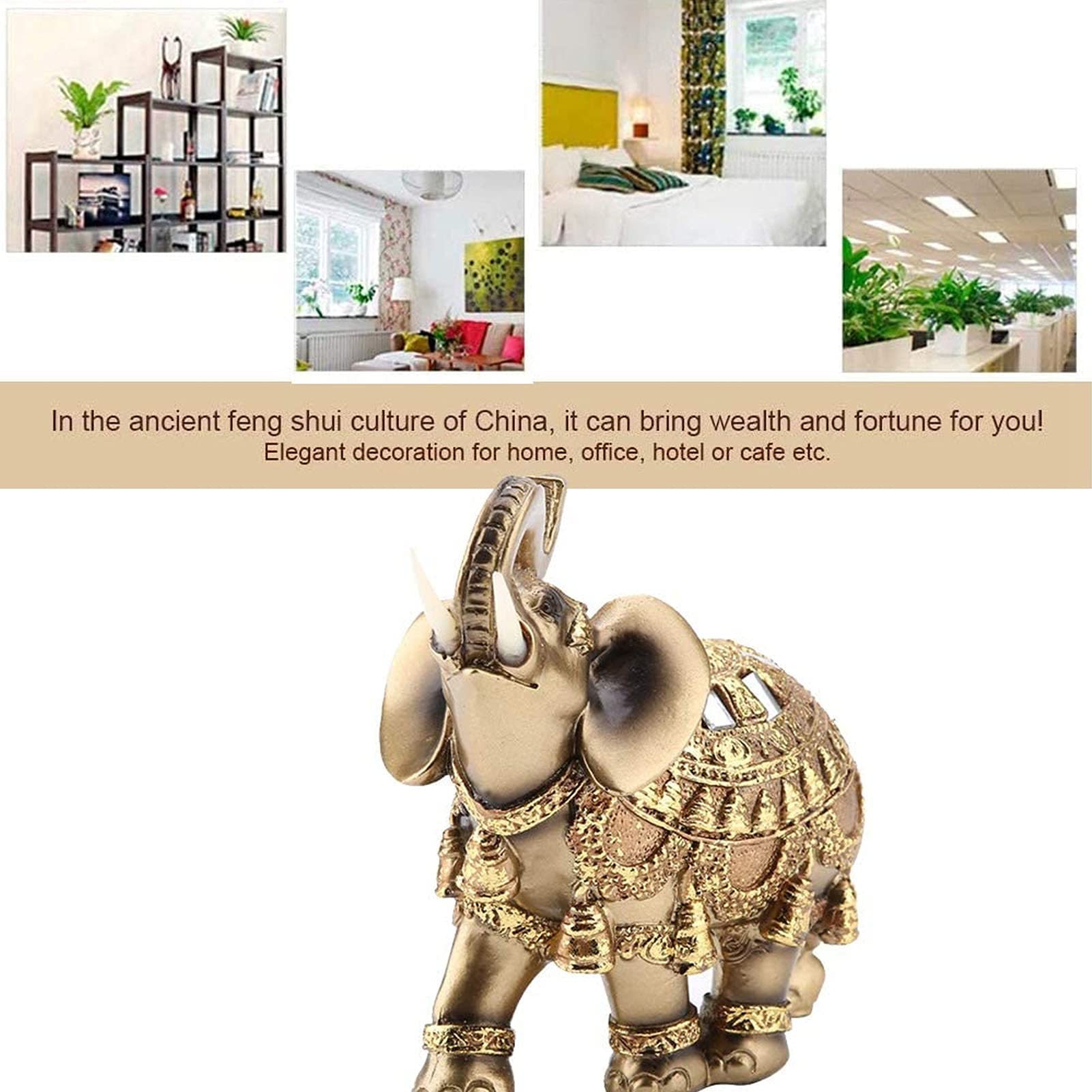 Golden Polyresin Elephant Statue - Lucky Feng Shui Wealth Decor for Home & Office | Handcrafted Elephant Sculpture with Upward Trunk | Perfect Gift for Collectors & Housewarming