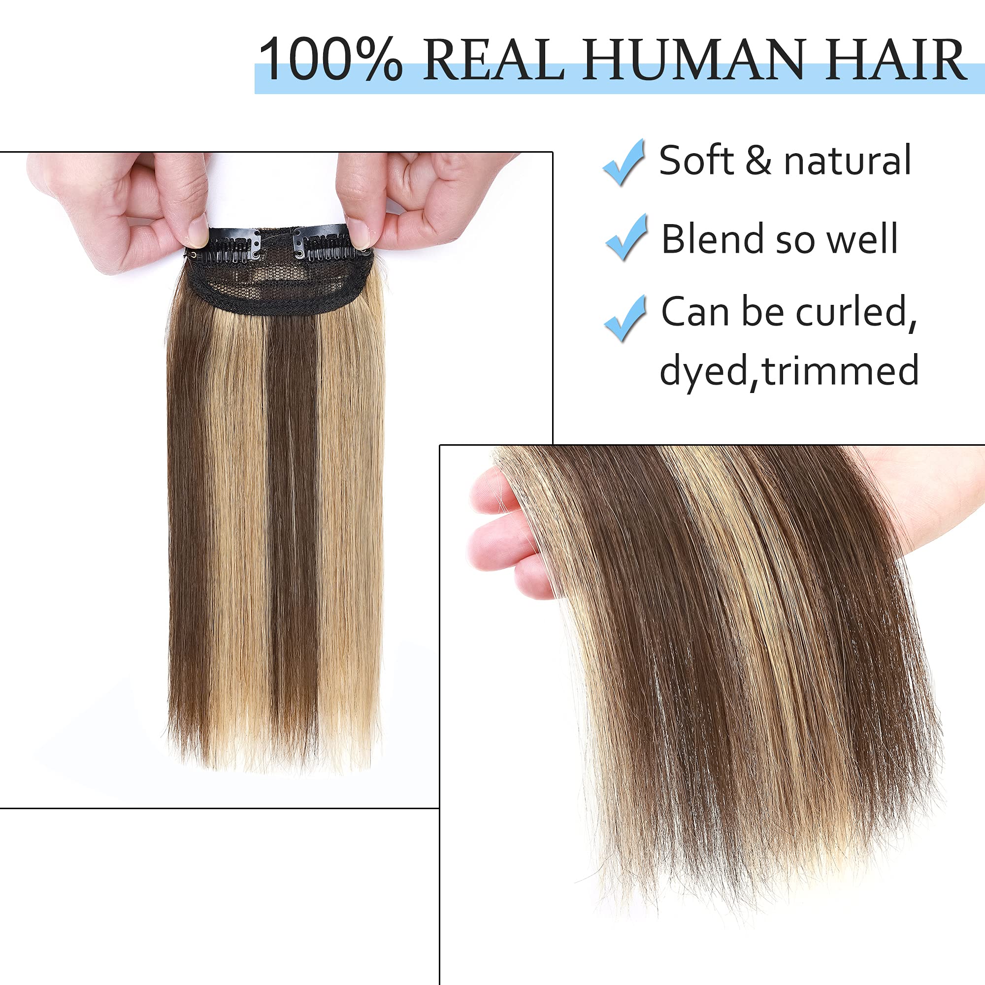 SEGO 2 Pcs Clip-in Human Hair Extensions 10 Inch Short Real Human Hair Toppers for Women with Thinning Hair - Adds Volume & Natural Look (#4P27 Medium Brown & Dark Blonde) | Perfect for Daily Wear, Parties & Special Occasions