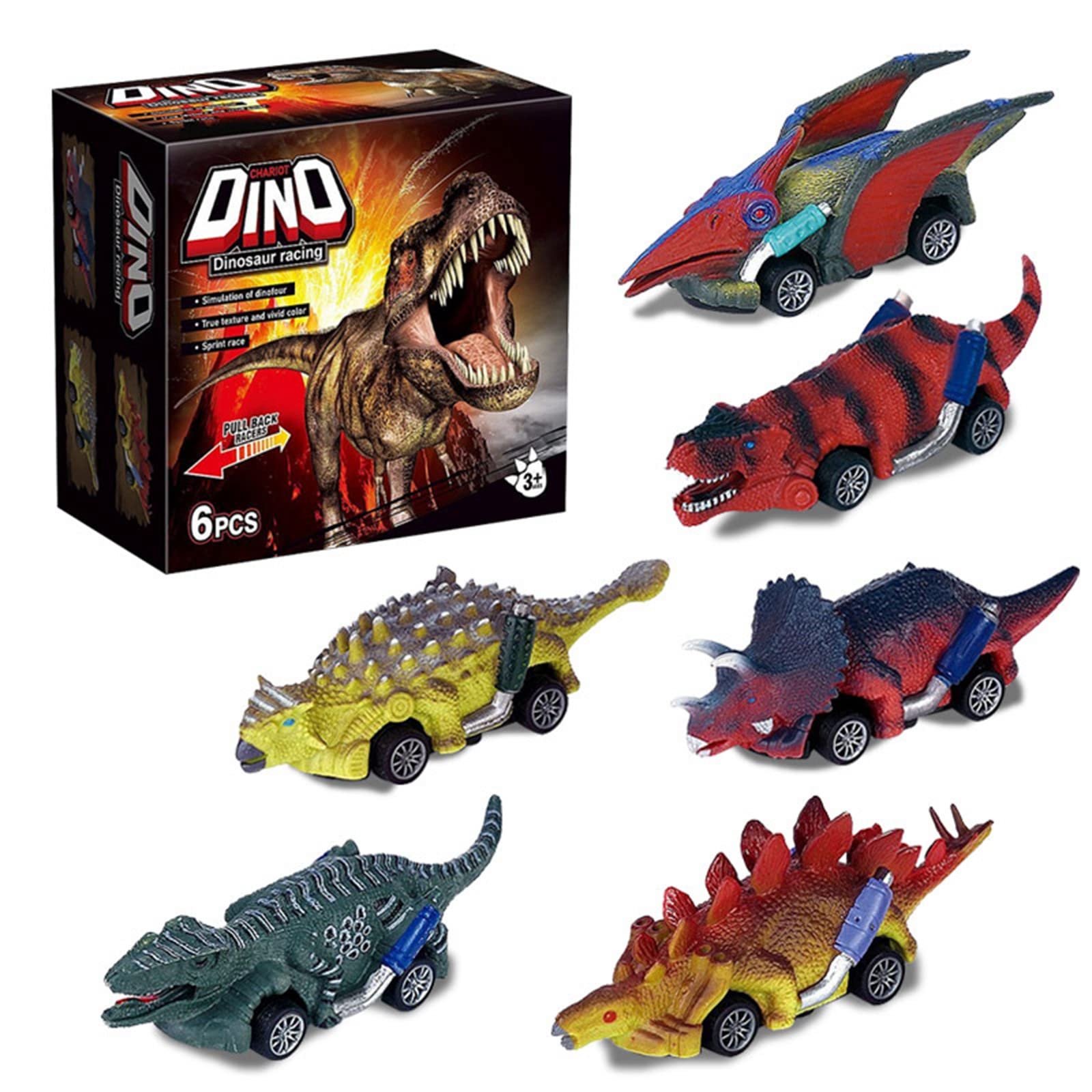 Dinosaur Toys Set - 6 Piece Friction Powered Dinosaur Vehicles, Realistic Hand-Painted Dinosaur Models for Boys & Girls - Perfect Birthday Gift & Pretend Play Toys for Kids
