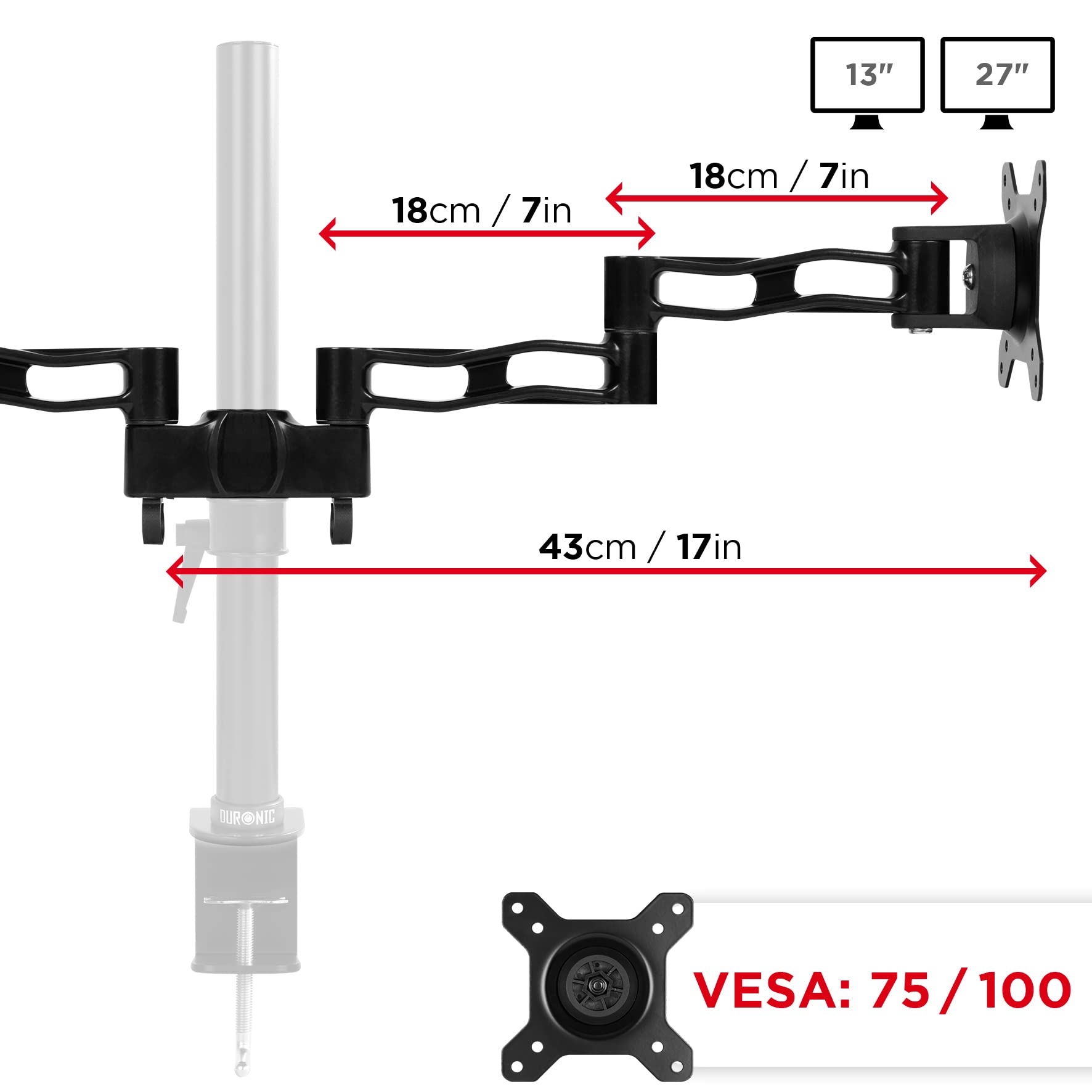 Duronic DM35P2 Dual Monitor Arm Set - 2 Adjustable Aluminum VESA Mount Arms with Dual Joint Design | Compatible with All Duronic Monitor Stands & Poles | Black | Perfect for Home Office, Gaming Setup & Workspace Ergonomics