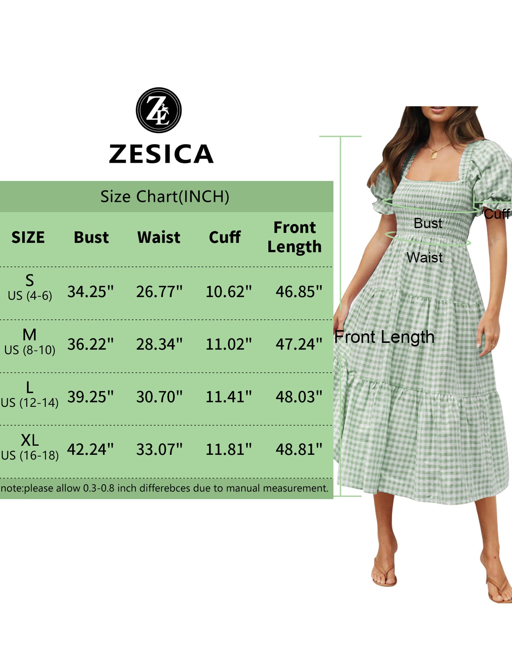 ZESICA Women's 2025 Bohemian Summer Dress - Plaid Square Neck, Puff Sleeve & Ruffle Flowy Midi Dress for Beach Vacation, Party & Casual Outings