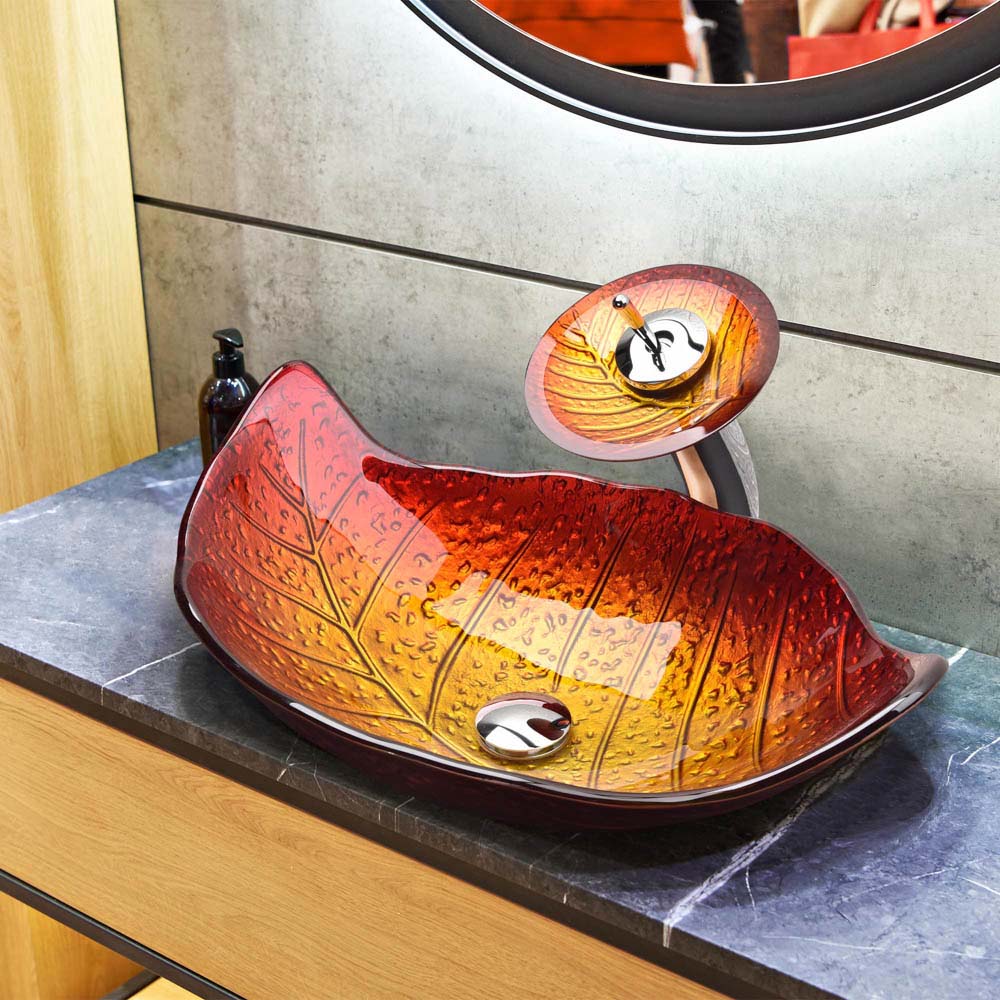 TheLAShop 23x14 Inch Leaf-Shaped Sink Bowl with Waterfall Faucet Set - Modern Bathroom Vanity Vessel Sink for Powder Room & Guest Bath Decor