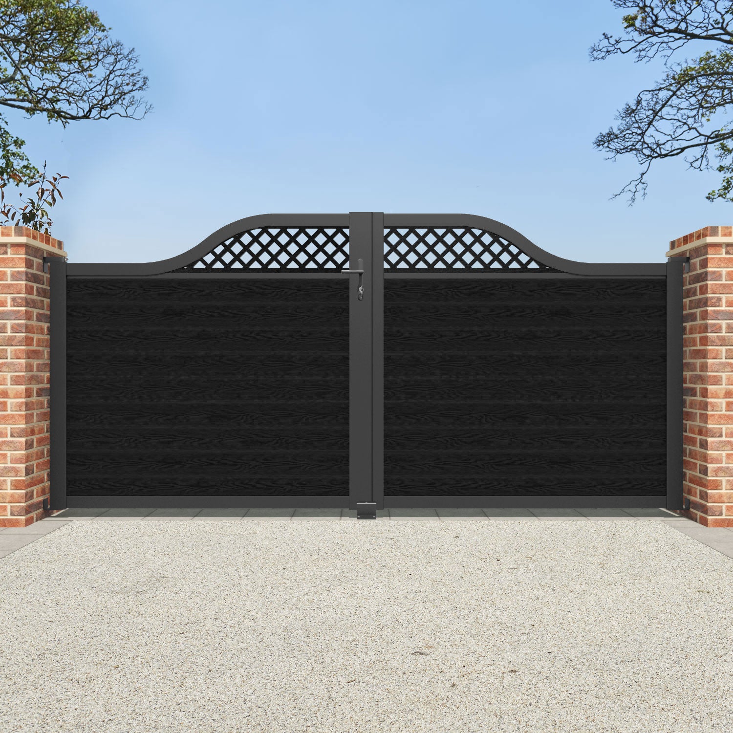 Classic Black Hive Curved Top Driveway Gate with Screen - Durable & Stylish for Home Security and Privacy | Perfect for Residential Driveways, Gardens, and Backyard Entrances