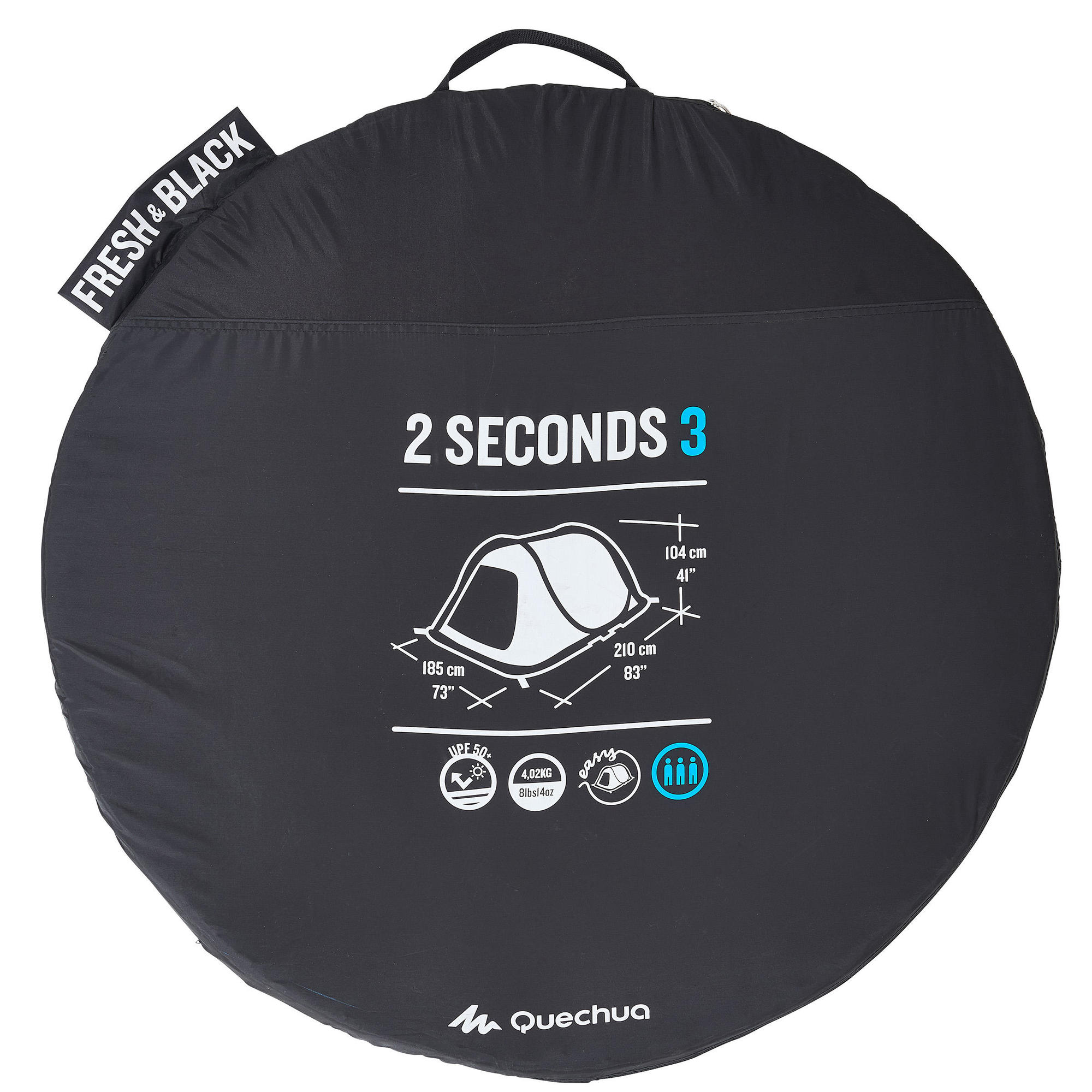 Quechua 2 Second Fresh & Black Waterproof Pop Up Camping Tent for 3 Person - Instant Setup for Hiking, Backpacking & Outdoor Adventures